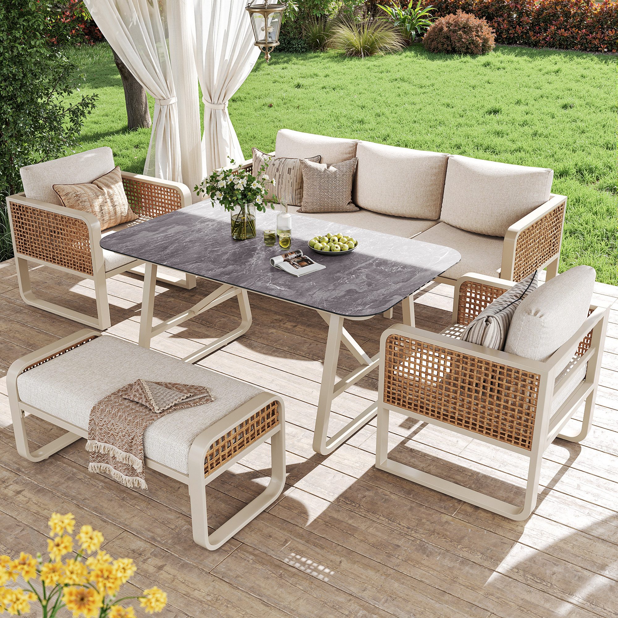 OKWISH Gartenlounge-Set Gartenmöbelset,mit verzinktem Eisengestell, (Gartenlounge-Set – PE-Rattan Beigefarben, 5-tlg), mit Relaxfunktion