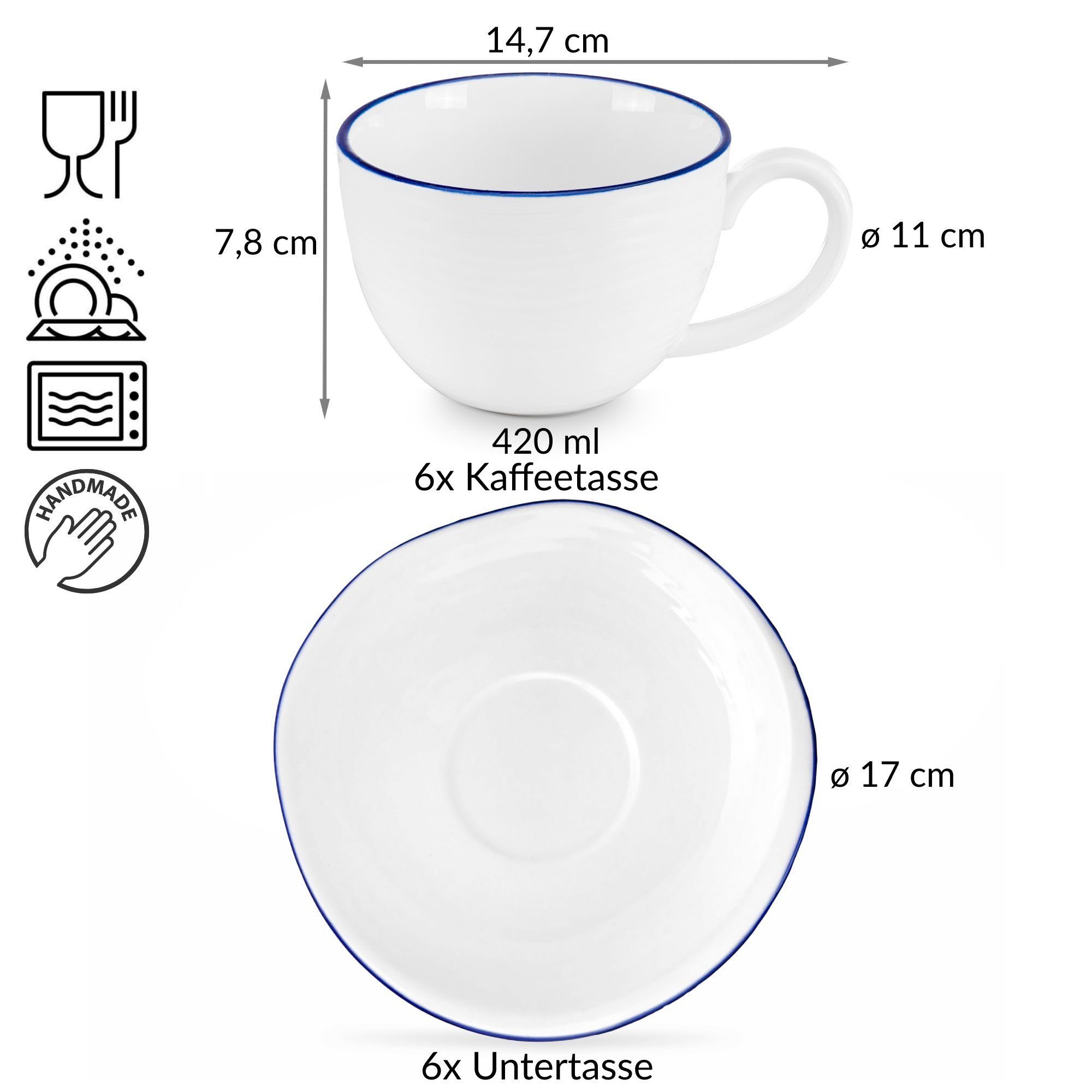 Konsimo Kaffeeservice KROG Tasse mit Personen, (12-tlg), 6 Untertasse Porzellan, handgefertigt 420ml