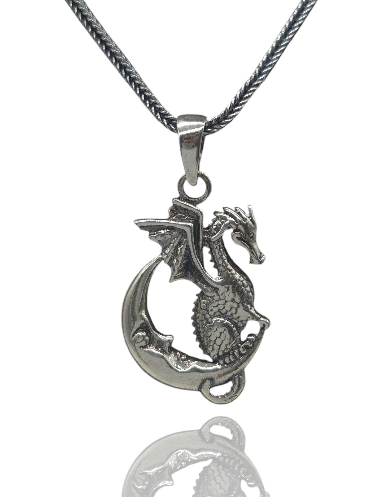 NAHLE Kette mit Anhänger Silber Drache Mond Panzerkette Halsschmuck Anhänger Geschenk (2-tlg., inkl. Schmuckbox), rhodiniert, anlaufgeschützt