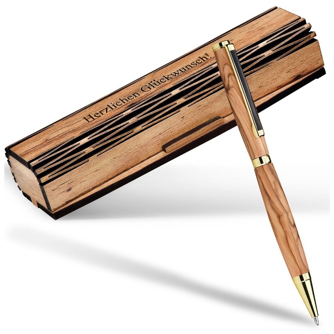 Kassis Geschenkartikel Kugelschreiber Kugelschreiber in Holzschachtel mit Gravur "Herzlichen Glückwünsch", Olivenholzdeko, handgemacht, Naturprodukt, aus Bethlehem