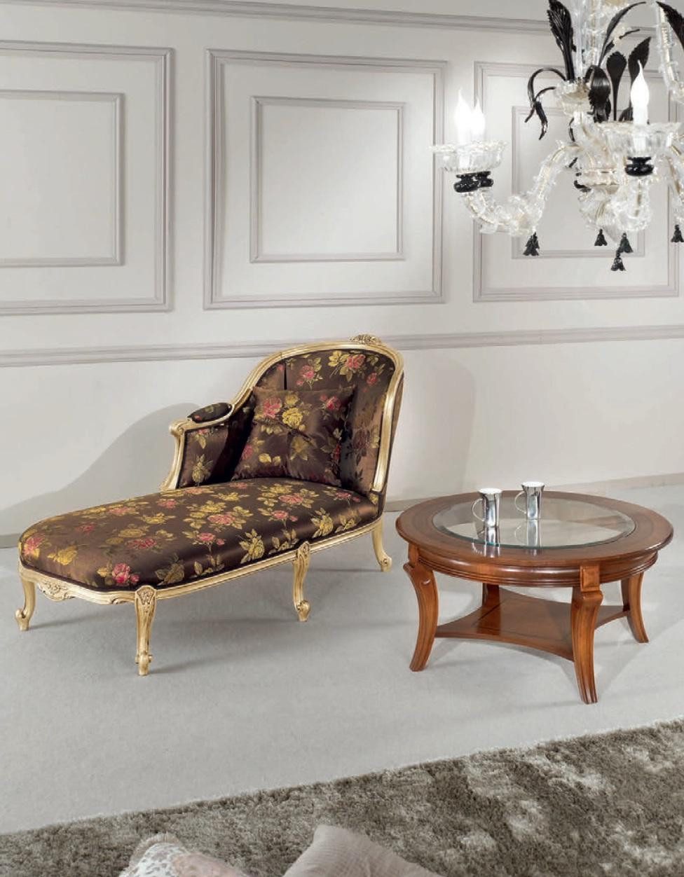 Xlmoebel Chaiselongue Klassische Liege mit Couchtisch in Gold und Blumenmuster, 2 Teile, Hergestellt in Italy