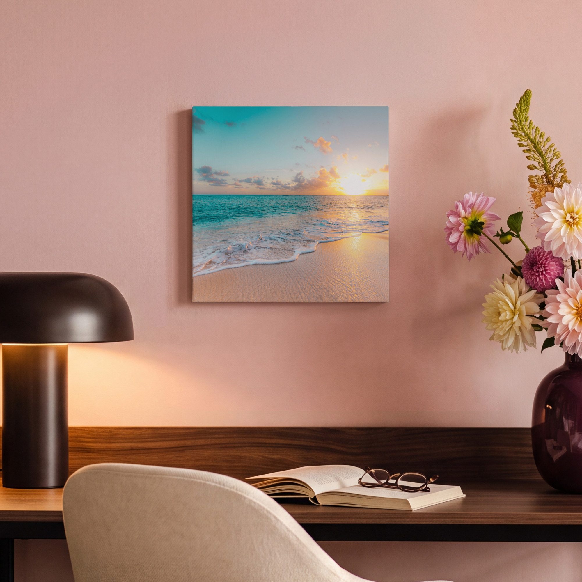OneMillionCanvasses® Leinwandbild Sonnenuntergang - Strand - Meer - Sommer - Blau, Fotodruck (1 St), Leinwand Bilder Klein, Wand Dekoration Aesthetic 30x20 cm – Bild 4 von 5