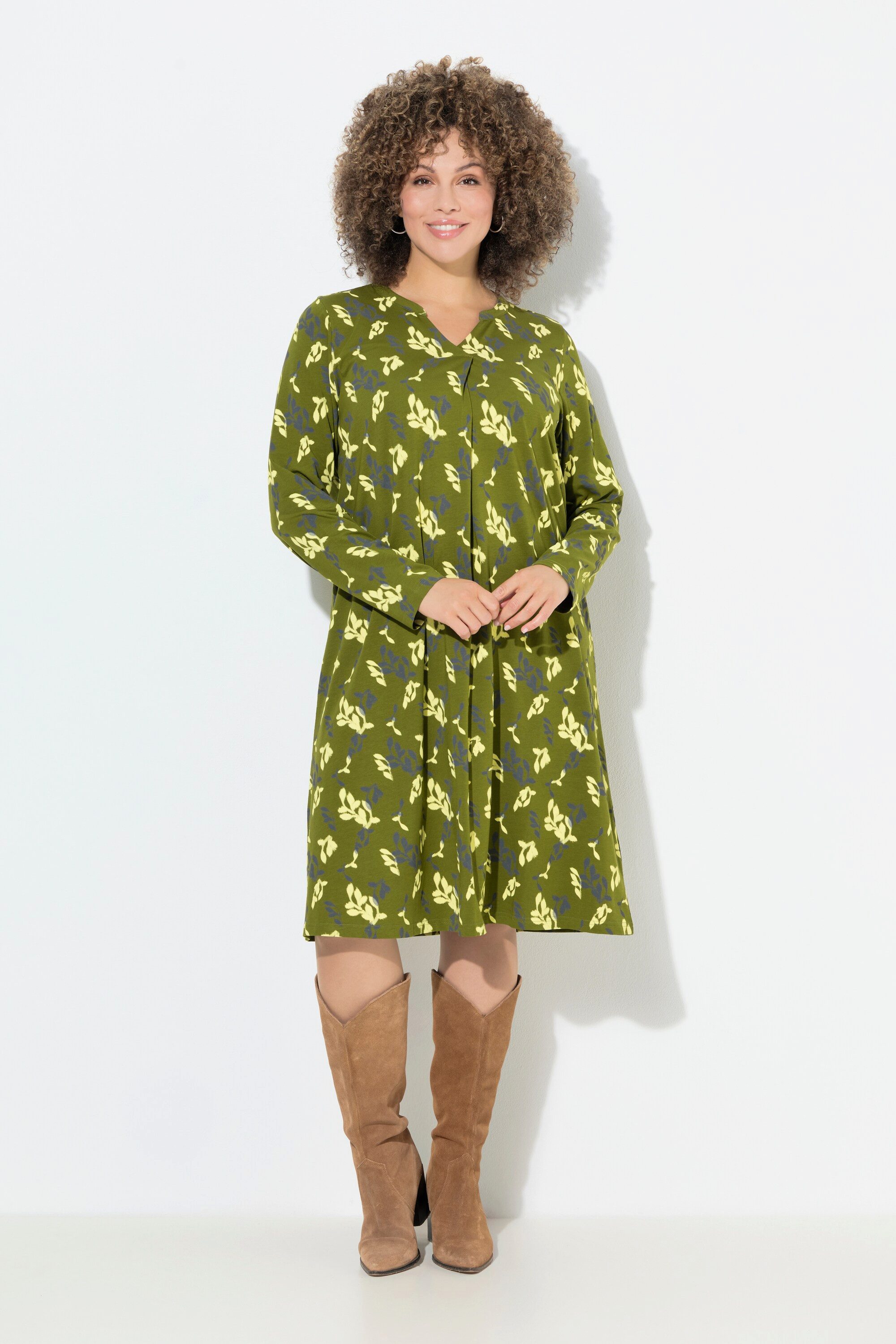 Ulla Popken Midikleid Jerseykleid Blüten A-Linie Tunika-Ausschnitt günstig online kaufen