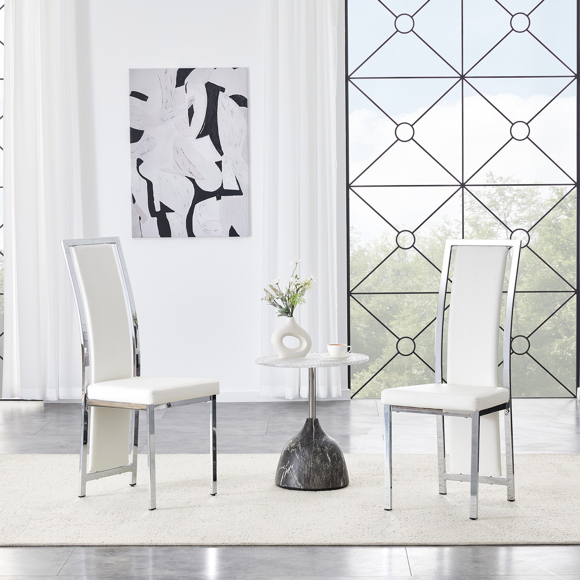 STILVORA Esszimmerstuhl 2er-Set Esstischstühle mit Weißes PU-Leder + Silberglanz Metallrahmen (2 St)