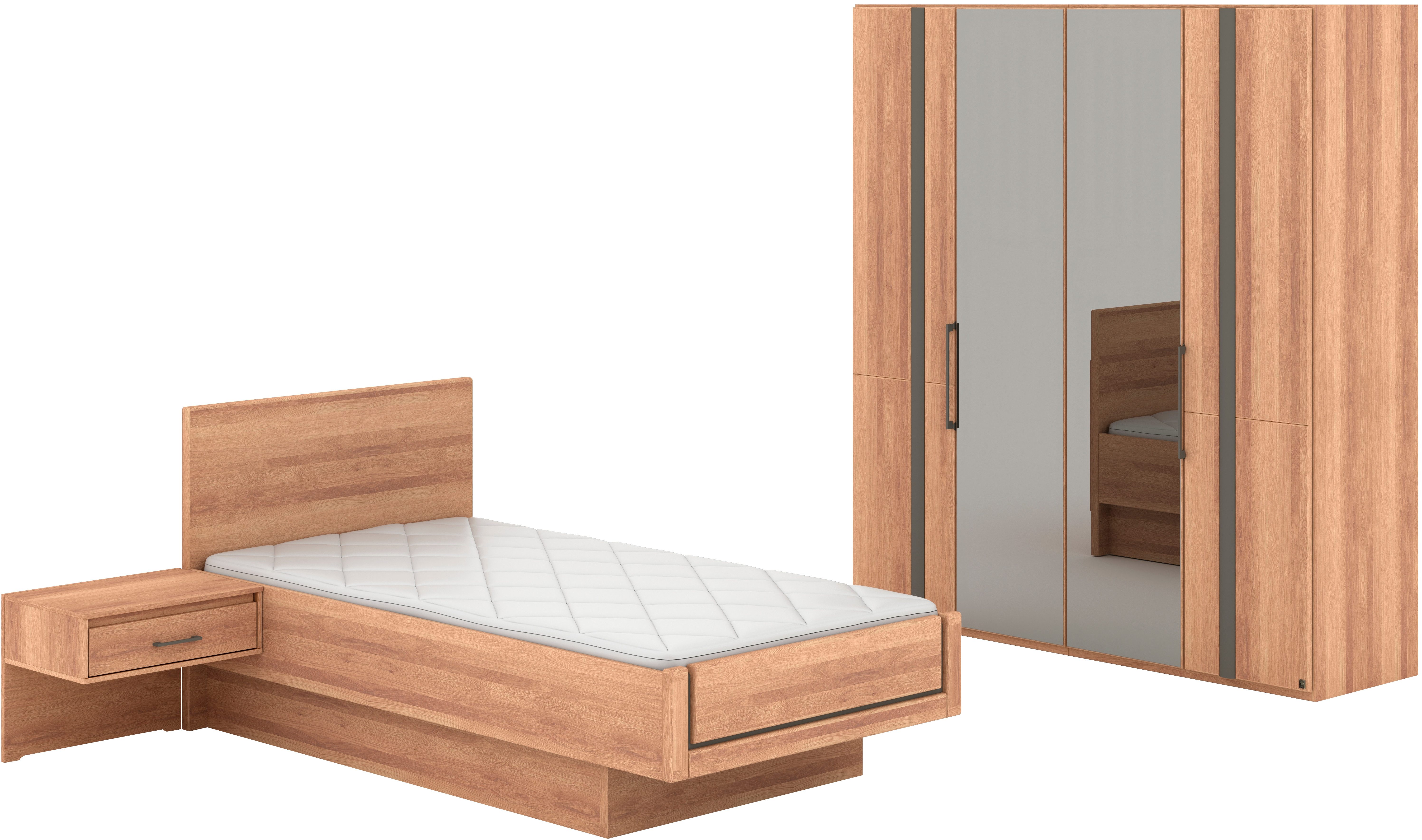 Musterring Schlafzimmer-Set Sorrent, Kleiderschrank, Bett & Nachtkommoden, teilmassiv Eiche, (2er-Set Nachtschränke, Drehtürenschrank 200 cm, Bett 100x200 cm), mit Dreh- und Falttüren, Schrankbreite 200cm, Bett schwebende Optik