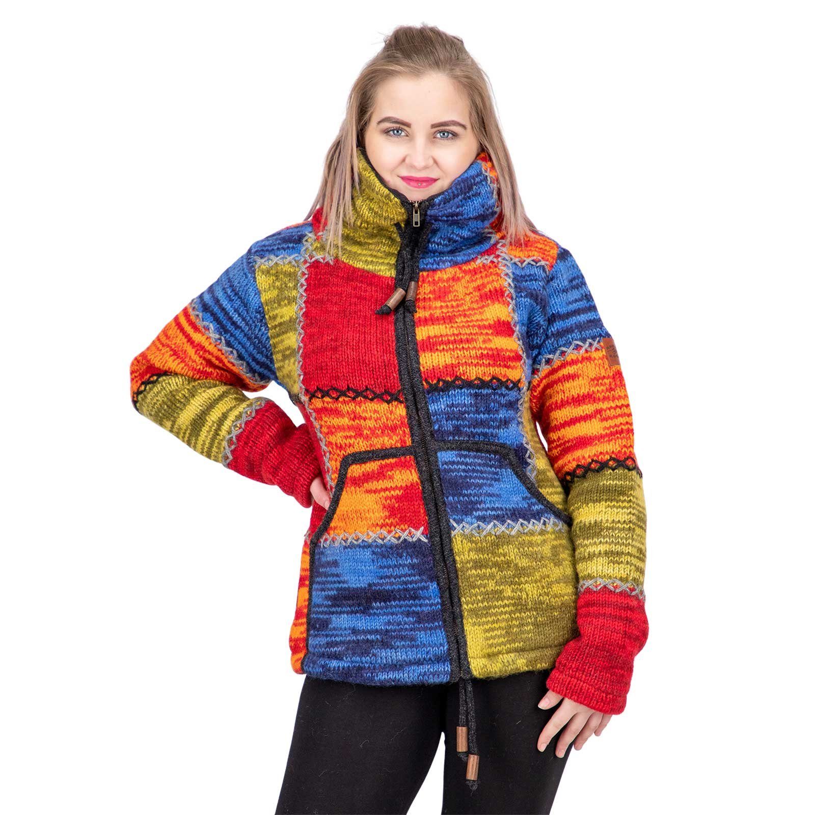 KUNST UND MAGIE Strickjacke Damen Strickjacke Wolle Bunte Patchwork Jacke+Fleecefutter&Hochkragen
