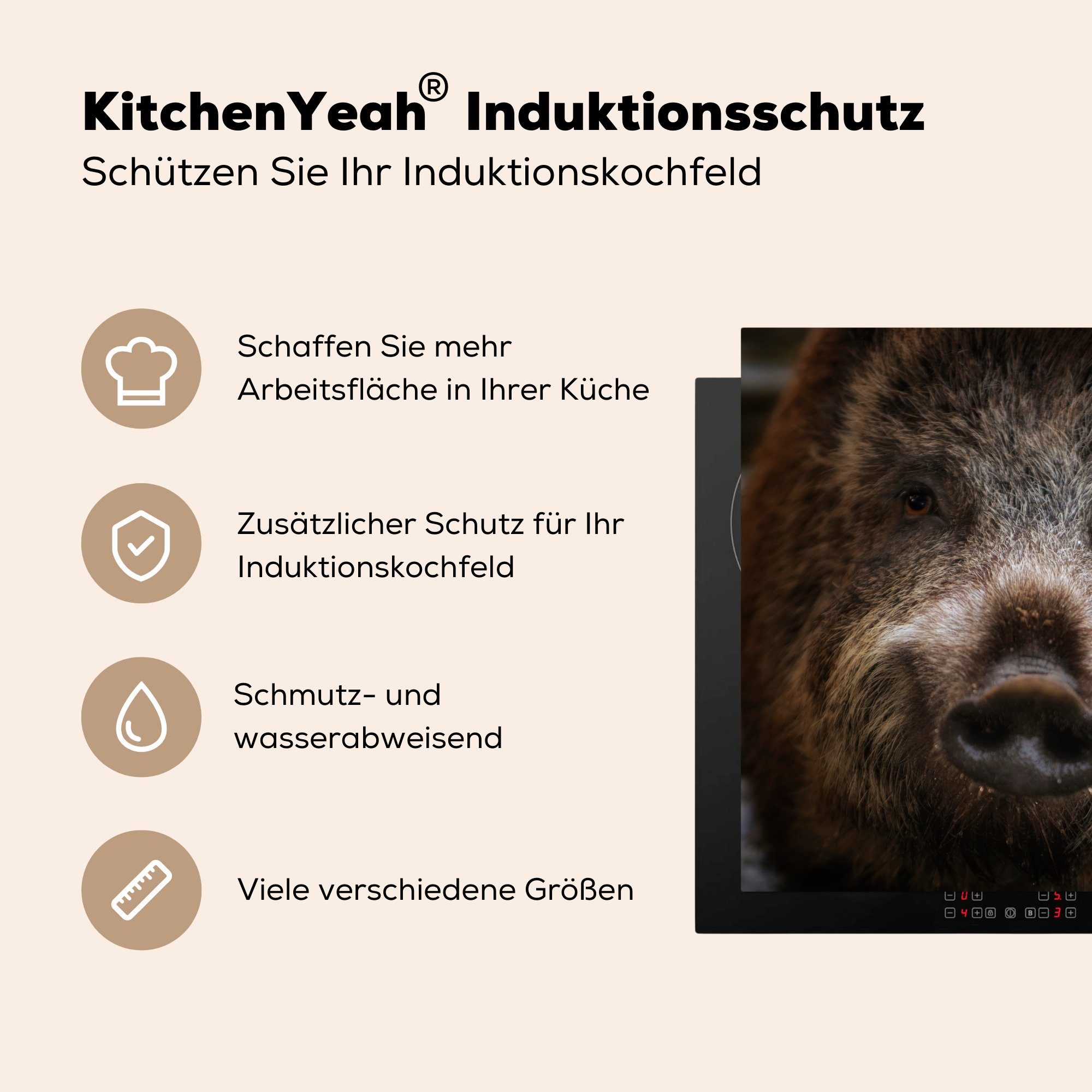 Herdblende-/Abdeckplatte - Arbeitsplatte Ceranfeldabdeckung, tlg), Vinyl, - MuchoWow Tier Schwein, küche cm, 78x78 Wildschwein (1 für