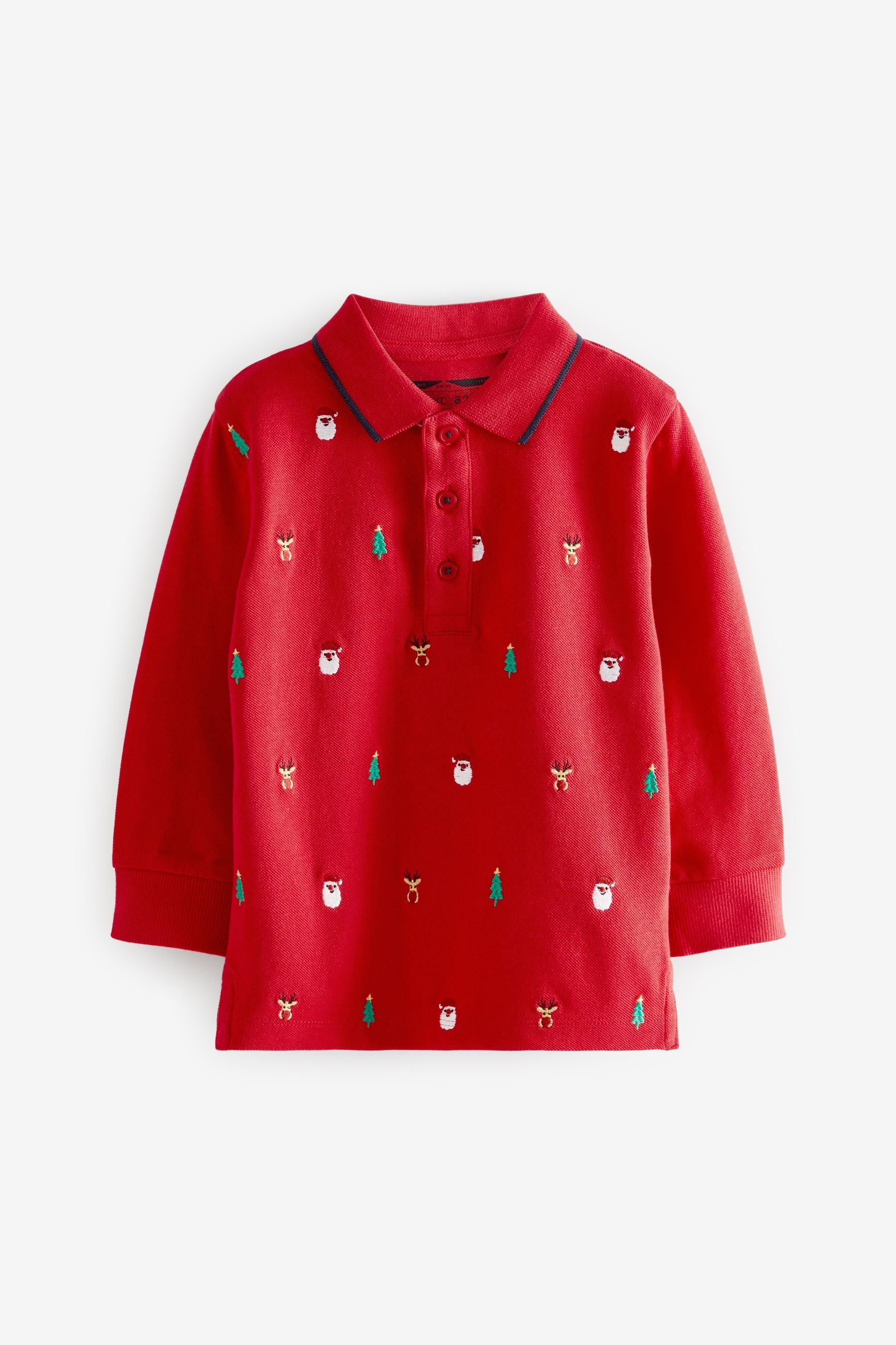 Next T-Shirt Langärmeliges besticktes Weihnachts-Poloshirt, Rot (1-tlg)