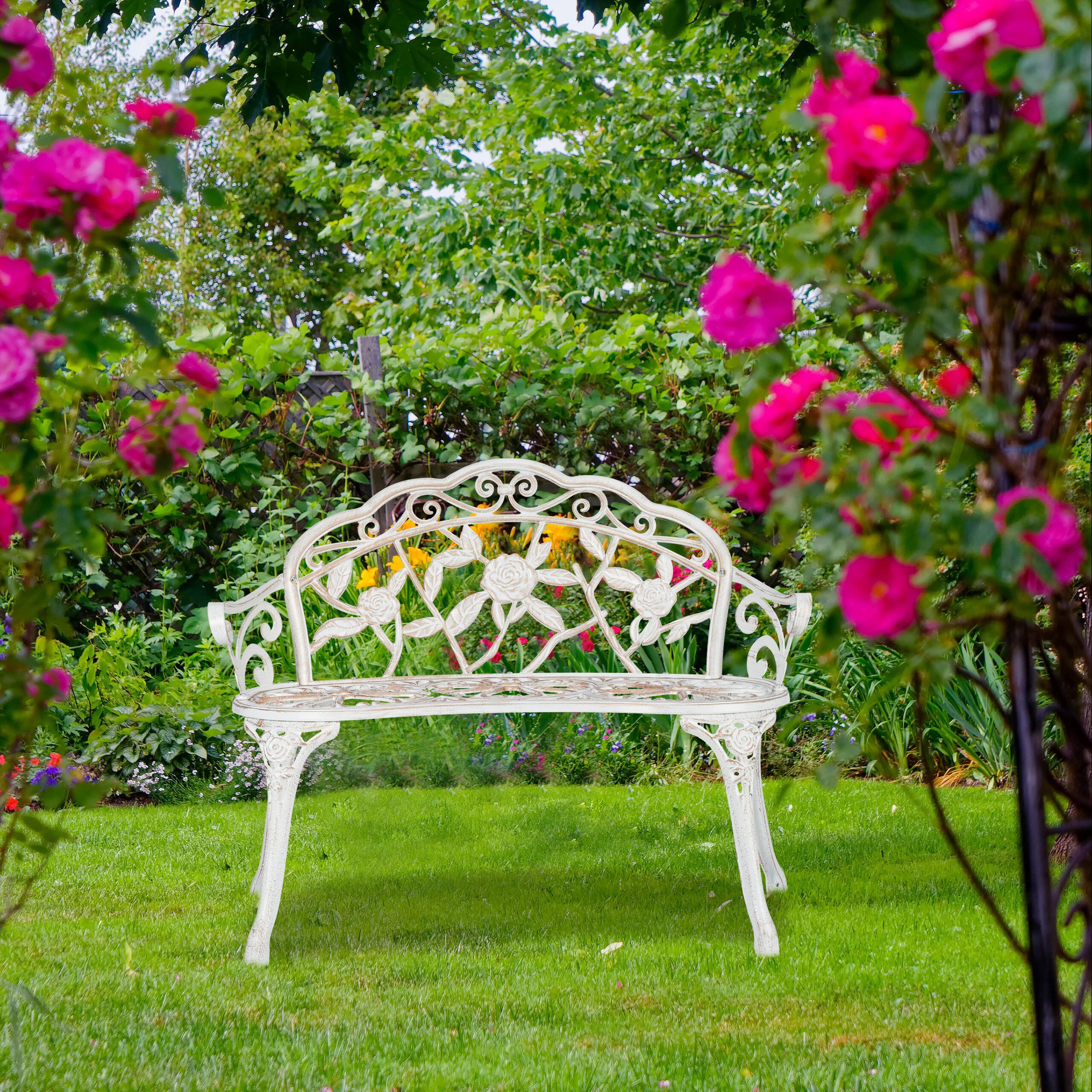 relaxdays Gartenbank Rosen Gartenbank weiß-bronze günstig online kaufen
