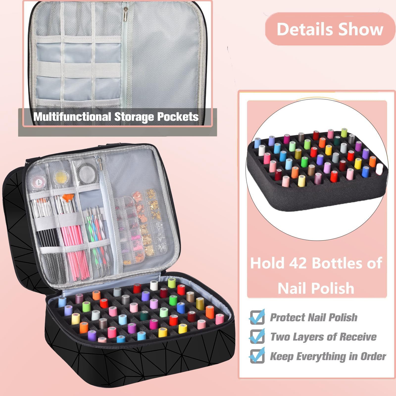 LIANNA Nagellackhalter Kosmetiktasche mit Doppellagigem Nagellack-Organizer und Griff, (bis 90 Zoll, Set, 1-tlg., Praktische Aufbewahrung für verschiedene Anlässe, ideal für Reisen, Große Kapazität, geeignet für Nagellack, mit Waschbeutelfunktion)
