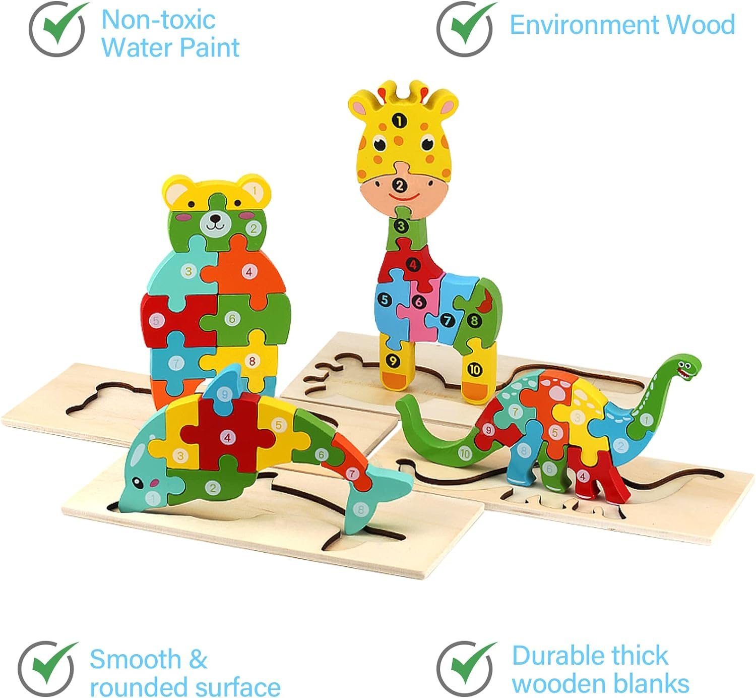Inshow Steckpuzzle Steckpuzzle Holzspielzeug, Puzzleteile Interaktives Holz-Tierpuzzle