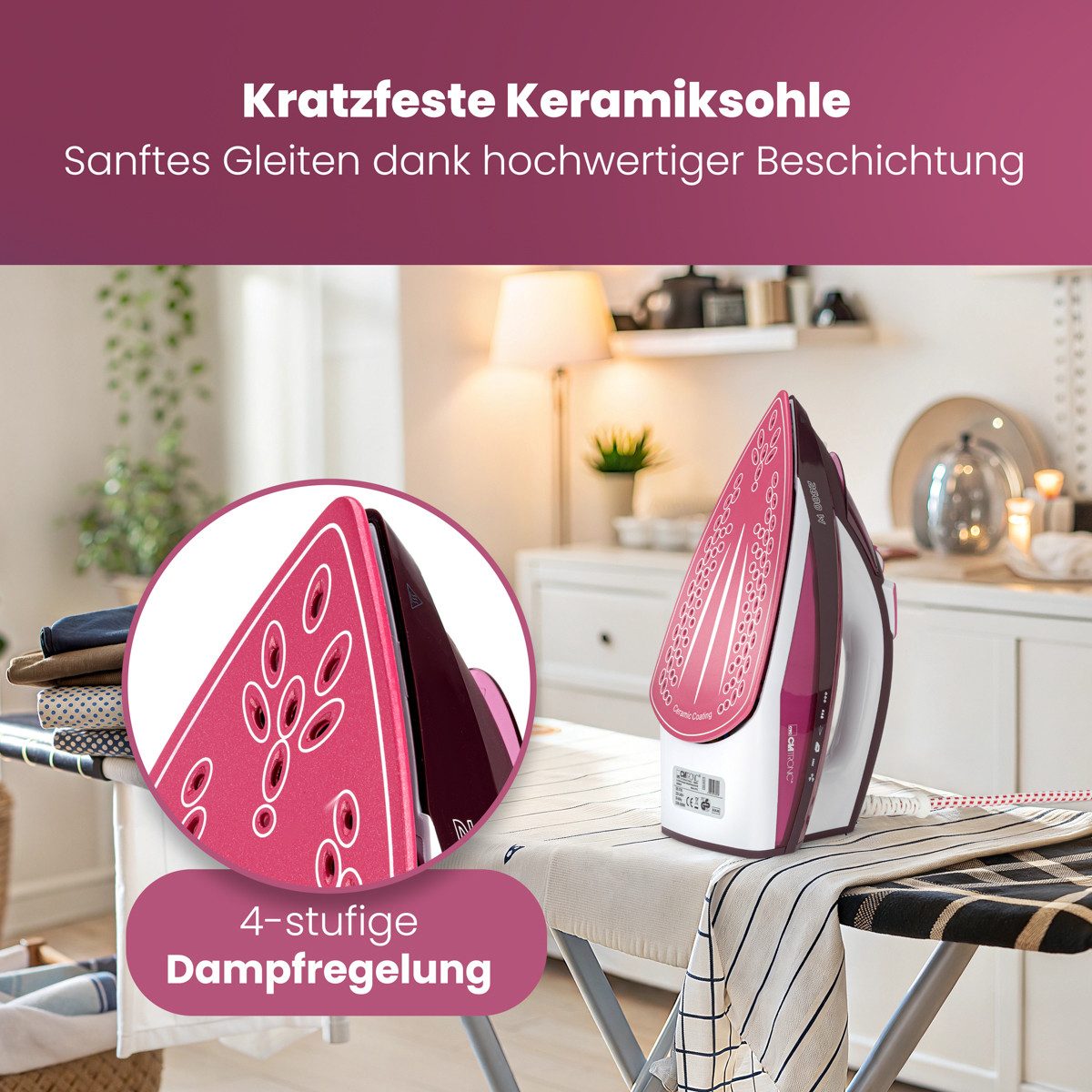 CLATRONIC Dampfbügeleisen DB 3705, kratzfeste Keramiksohle, 7 Funktionen, 2600 W