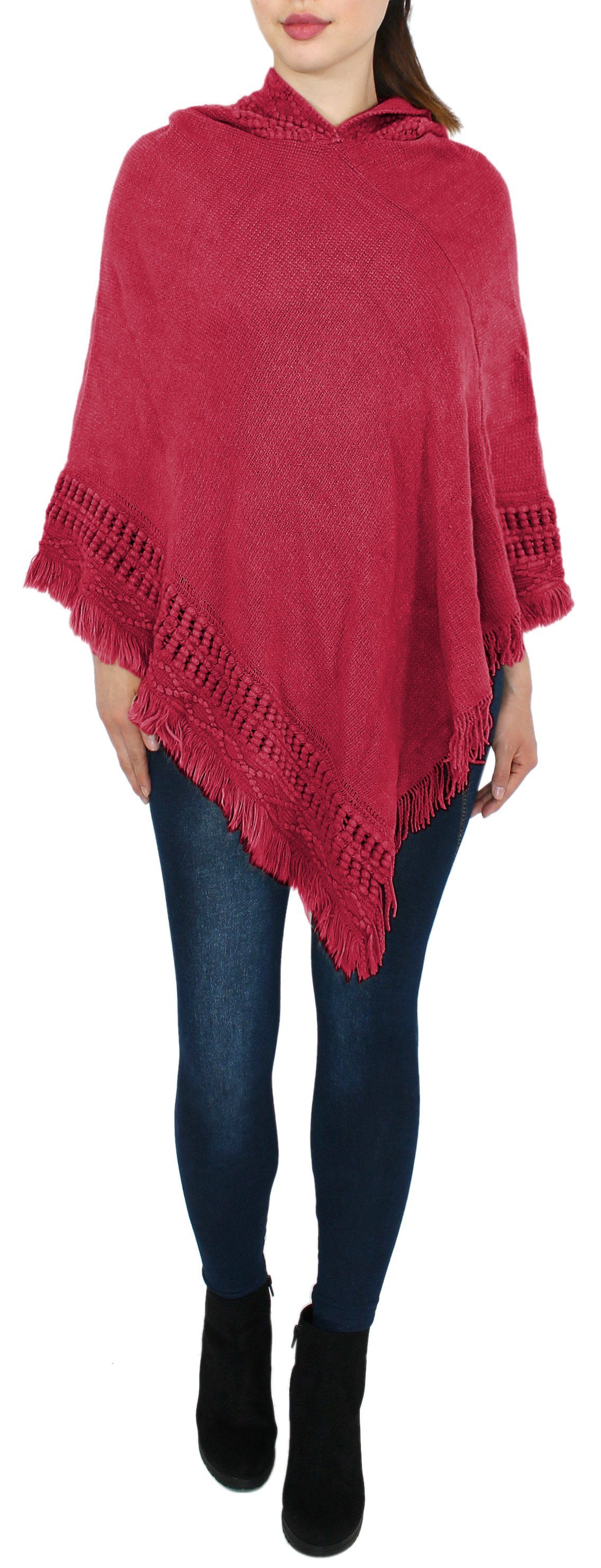 mit dy_mode Fransen mit Pullover Umhang Poncho Kapuze Damen Strickponcho Strickponcho Unifarbe, WJ076OS-Rot Cape in