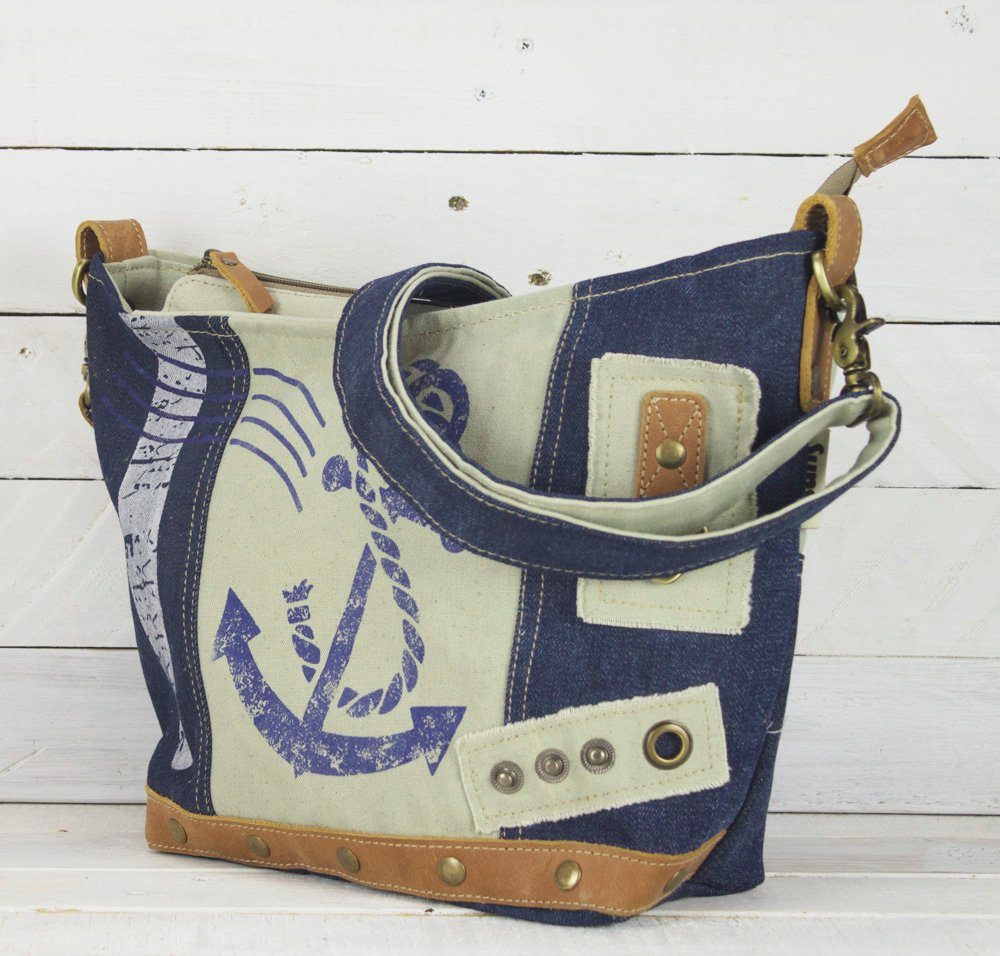 echtes Motiv, Tasche, Canvas Sunsa Upcycling Maritim Leder Jeans robuster 52252 recycelter verstell- Upcycling abnehmbarer und Jeansstoff, Umhängetasche Leder, Schultergurt, Tasche Canvas