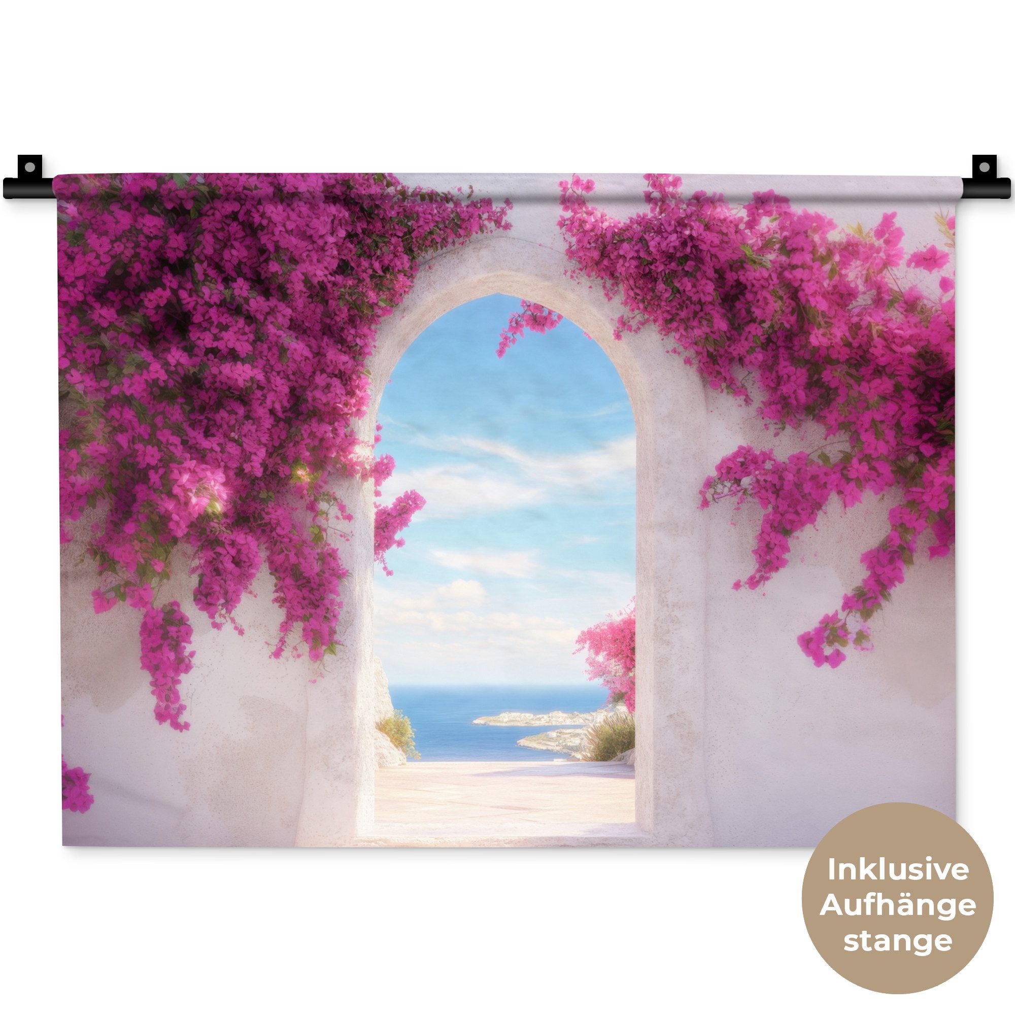 MuchoWow Wandteppich Meer - Rosa - Blumen - Tor, Rechteckig, Höhe: 3 mm, Wanddeko Teppich Wohnzimmer, Schlafzimmer, 60x45 cm