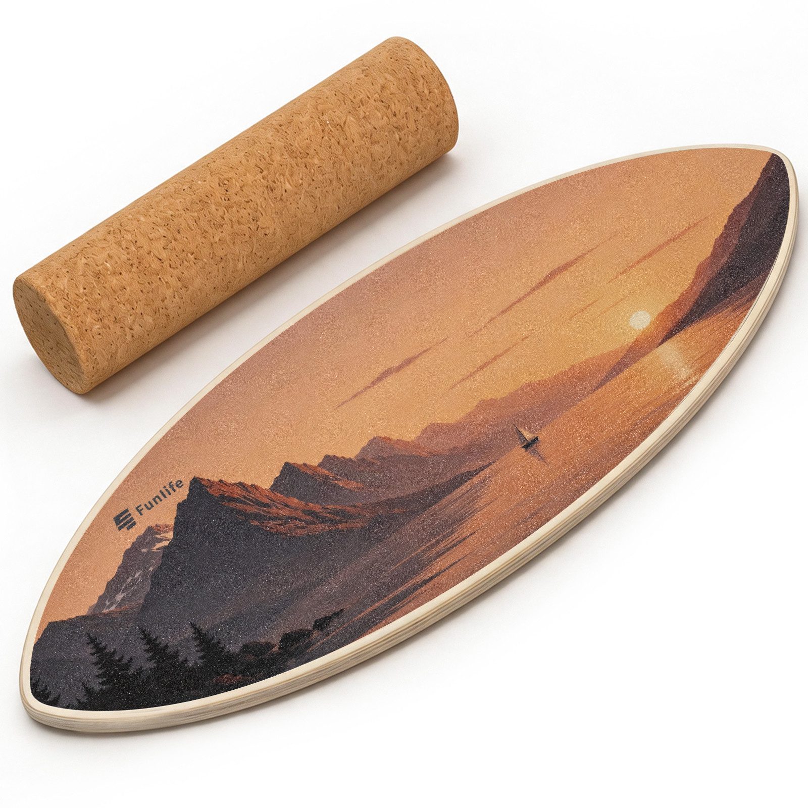 FunLife Balanceboard Design-Edition – einzeln, mit Fitnessbändern oder Balance-Zubehör, Wackelbrett aus Birkenholz mit Korkrolle, bis 150 kg belastbar
