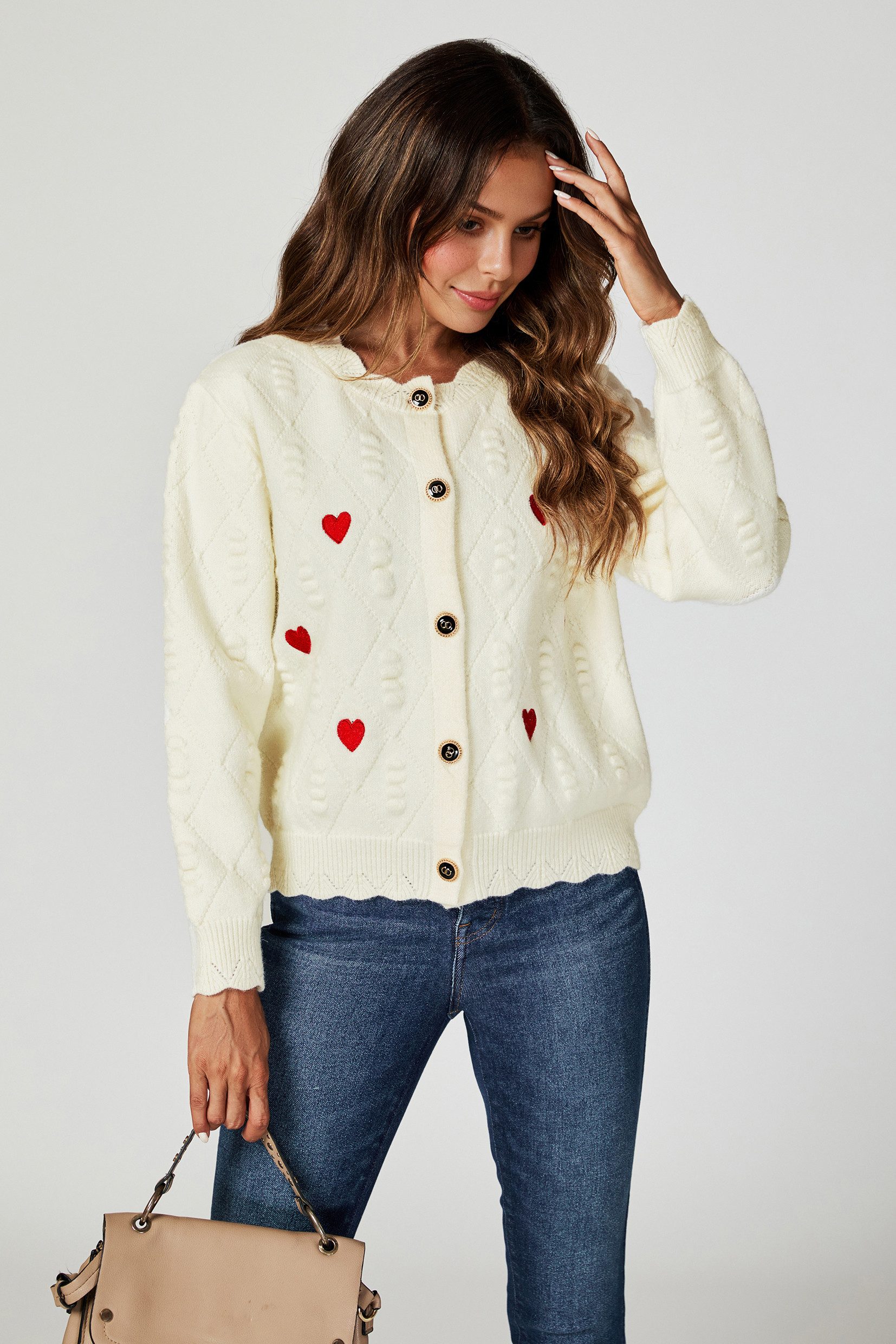 FS Collection Strickjacke Damen Cardigan Strickjacke mit Stickerei – Sterne oder Herzen (Einheitsgröße (UK 8–16 / EU 36–44) 56 % Viskose, 26 % Polyester und 18  – Bild 3 von 5