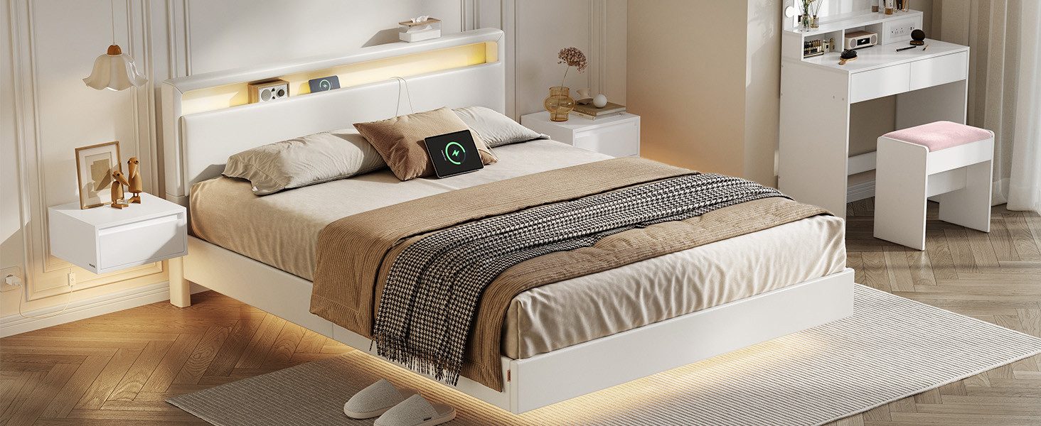 VASAGLE Polsterbett Bettgestell, Doppelbettgestell, Bett mit LED-Beleuchtung, wolkenweiß, schwebender visueller Effekt, hohem Kopfteil, Ladestation, modern