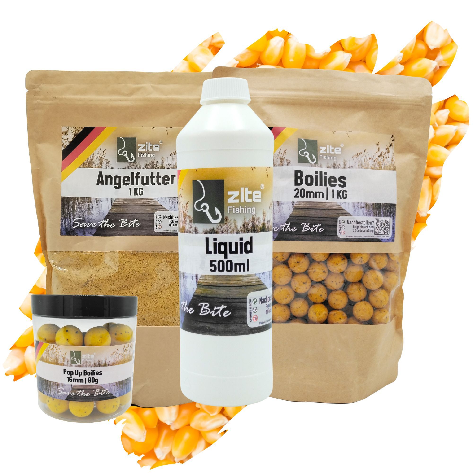 Kunstköder Grundfutter Set mit Boilies, Angelfutter und Liquid im süßen Maisaroma