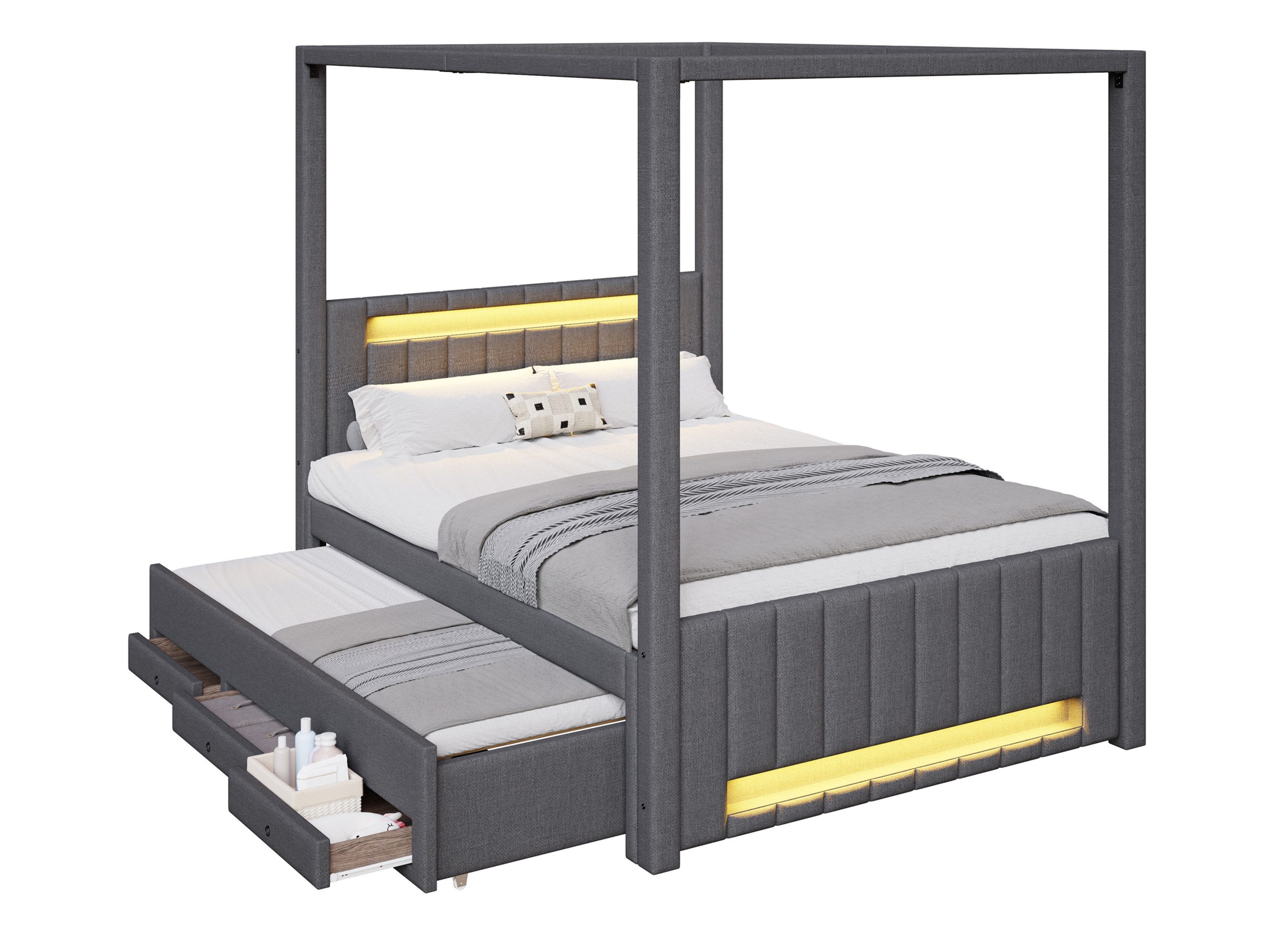 SeedWave Polsterbett Leinenbezug Himmelbett mit Ausziehbett, LED-Beleuchtung, 140×200cm, Doppelbett mit Schubladen