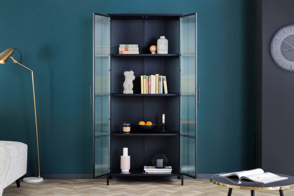 riess-ambiente Vitrine DURA STEEL 180cm schwarz - Metall, Riffelglas, 4 Fächer (Einzelartikel, 1-St) Industrial Design & Glastüren – ideal für Geschirr & Deko im Esszimmer