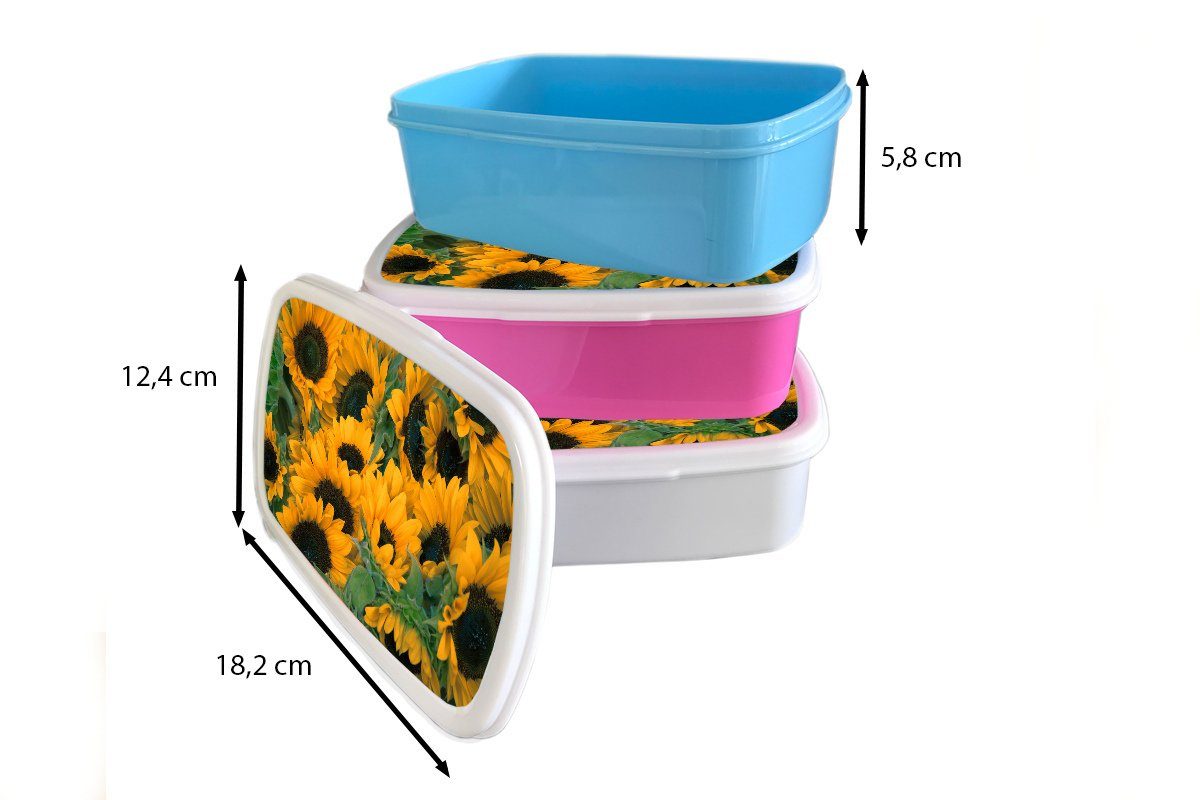 Jungs Brotbox MuchoWow - weiß Makro, Kunststoff, - und Kinder und für für Erwachsene, Lunchbox Mädchen (2-tlg), Brotdose, Blumen Sonnenblume