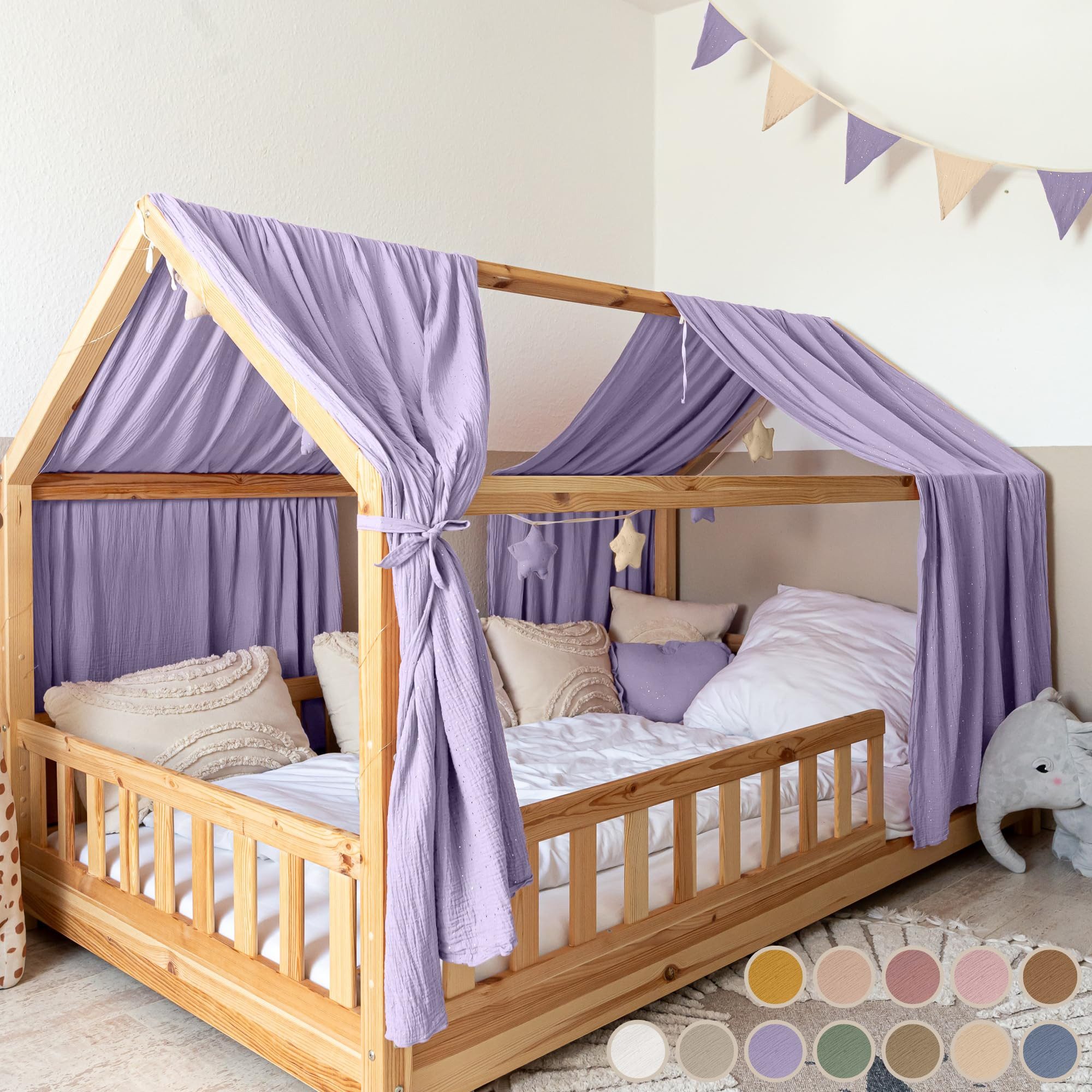lilimaus Betthimmel Hausbetthimmel Baumwoll Musselin Betthimmel Kinder Hausbett 2er Set, Stilvolle Musselin-Deko für Kinderzimmer, ideal als Geschenkidee