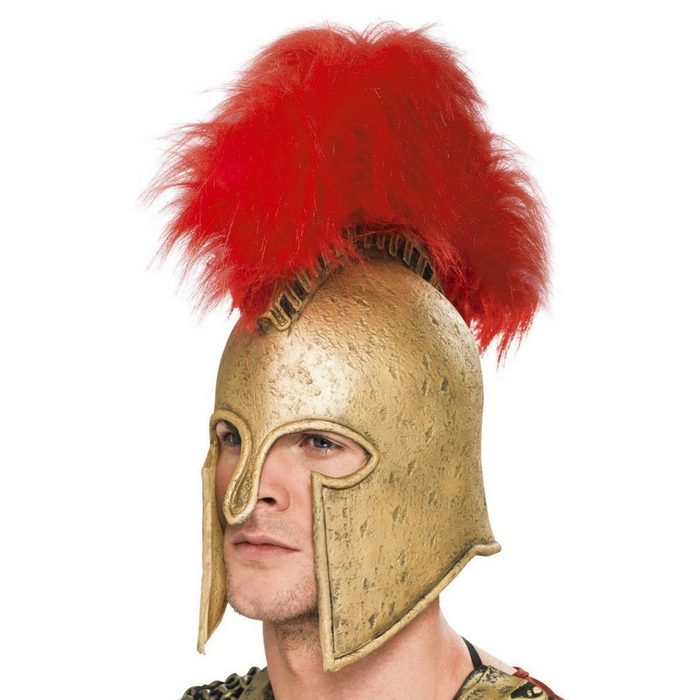 Smiffys Kostüm Spartaner Helm mit rotem Kamm Antiker griechischer Kunststoffhelm im Bronzelook