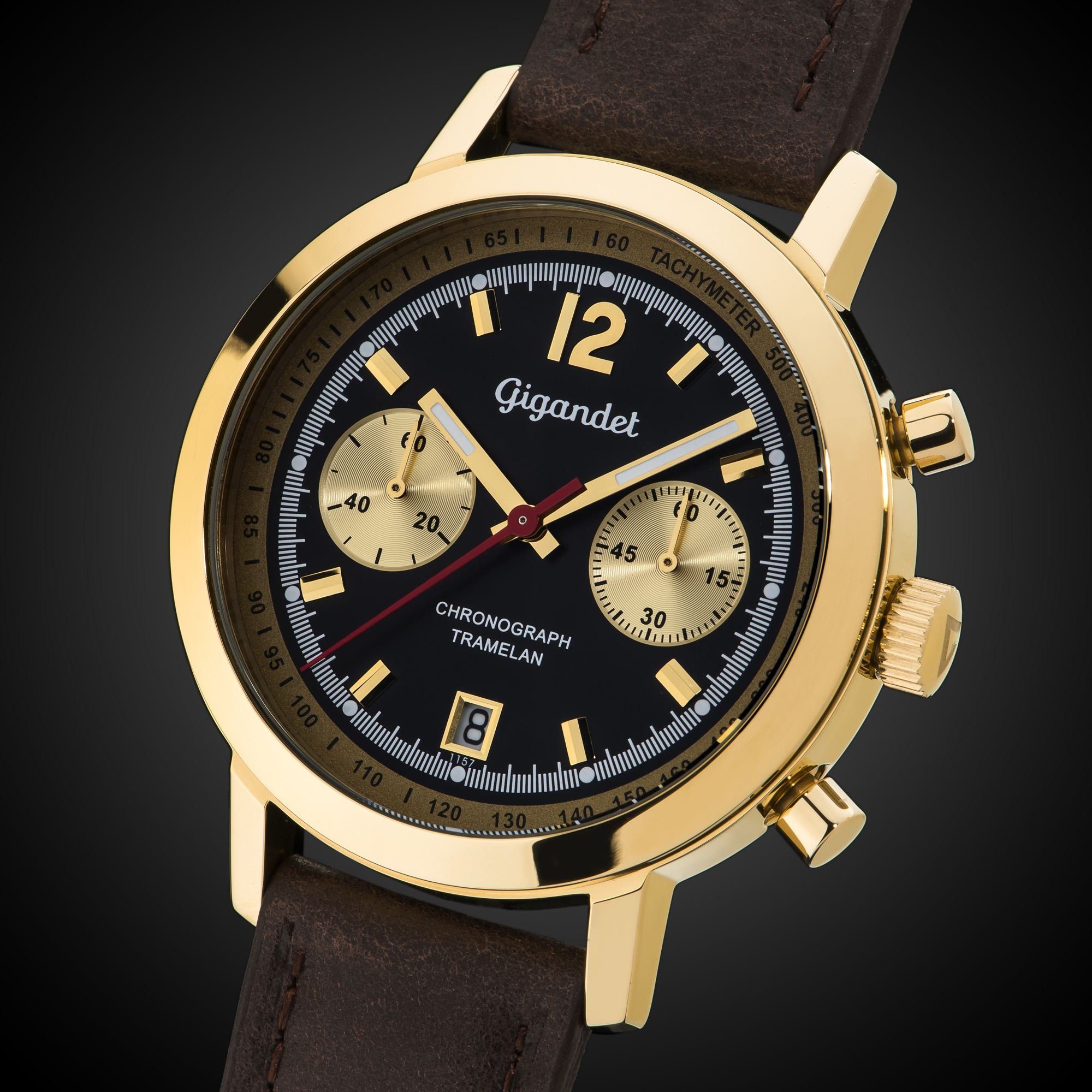 Gigandet Chronograph Armbanduhr, Herrenuhr, Sportuhr, 43mm, TRAMELAN G10-009, Mineralglas, Datumsanzeige, Lederband, 10bar/100m wasserdicht