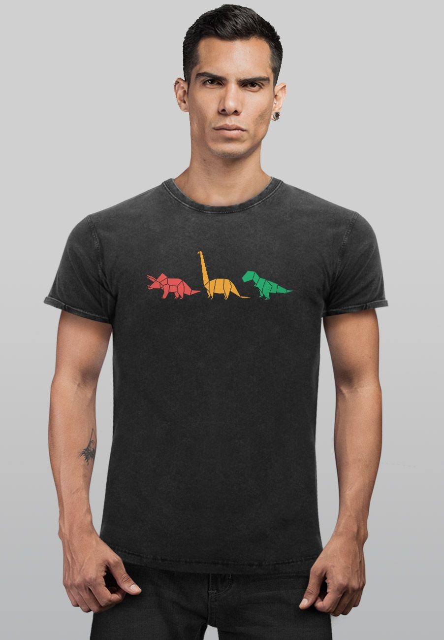 Herren Vintage Polygon Print-Shirt Shirt schwarz Aufdruck Geometric Tiere Print Dinosaurier Neverless mit Prin