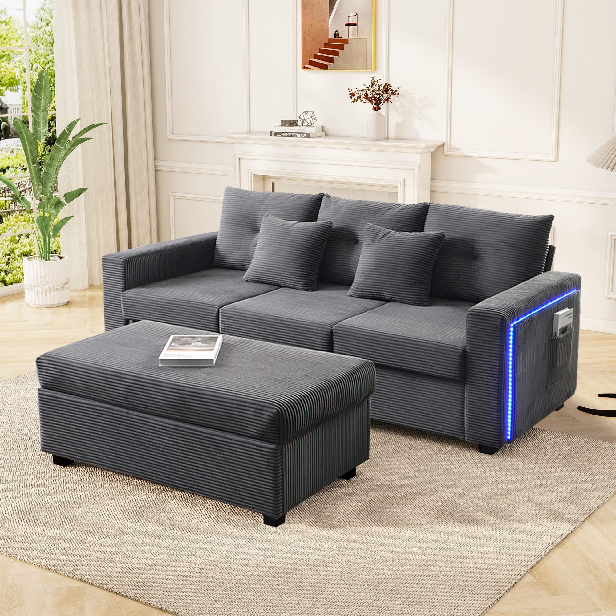 Merax 3-Sitzer L-förmiges Sofa mit LED-Beleuchtung, Wolkenweiches Sitzgefühl, Modulares Design, Cordstoff 1 Teile, 3-Sitzer Sofa mit Extra großer Ottoman, Seitentaschen & 2 Zierkissen