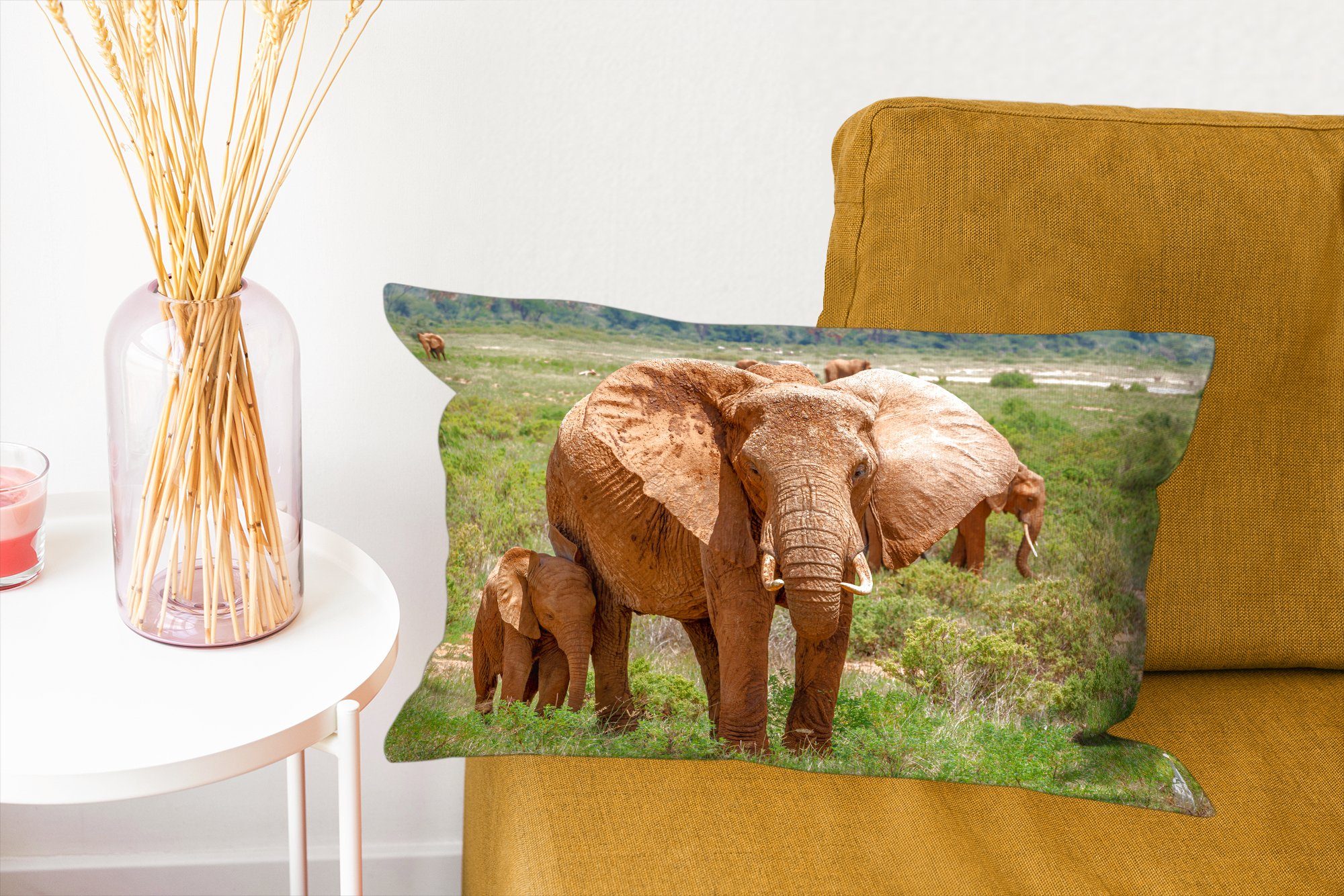 MuchoWow Dekokissen Dekoration, Dekokissen Gras, Elefantenmutter Schlafzimmer mit Baby im mit Wohzimmer Füllung, Zierkissen, ihrem