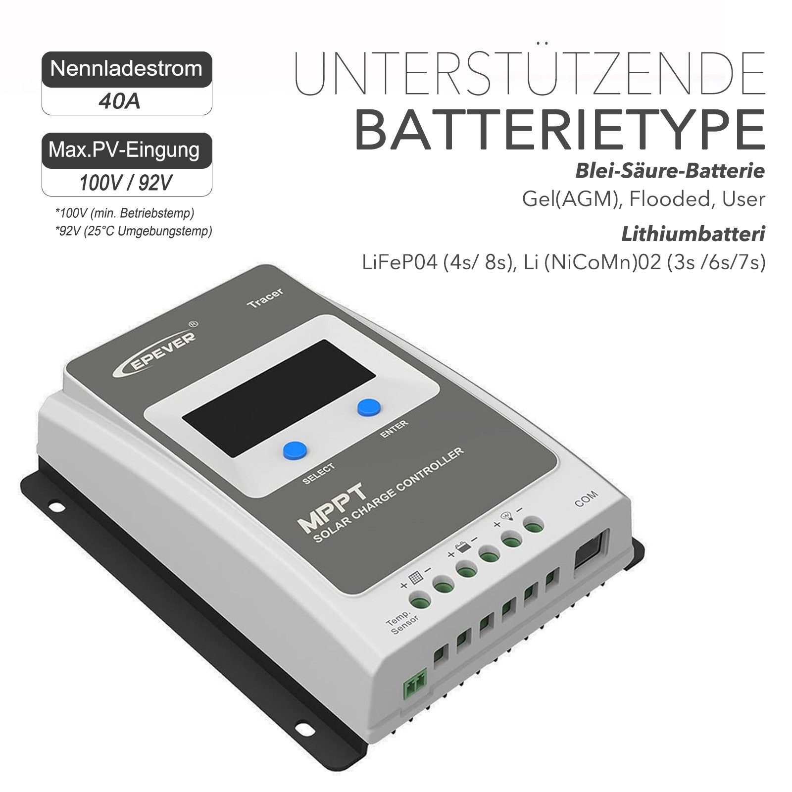 Thumbnail - enjoy solar Solarladeregler EPEVER MPPT Tracer 4210AN, 40A, 12V/24VDC, Multifunktionelle LCD Anzeige mit Hintergrundbele...