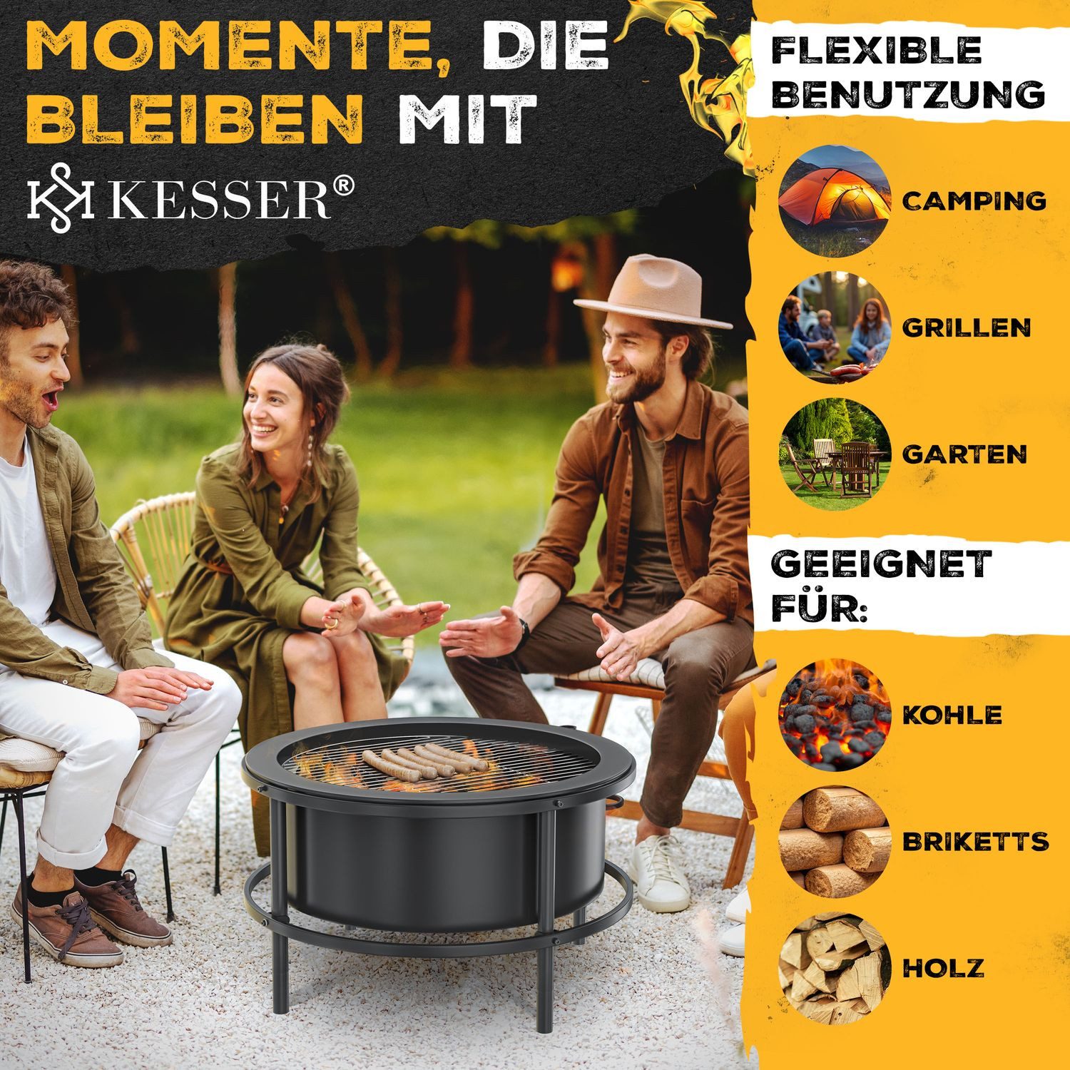KESSER fire bowl Ø65cm, fire pit made of cold-finished steel with 0.6mm steel thickness, (fire basket including grill grate, cast iron fire hook, brush & cover), fire barrel with wheel & locking brake, campfire with wood & charcoal