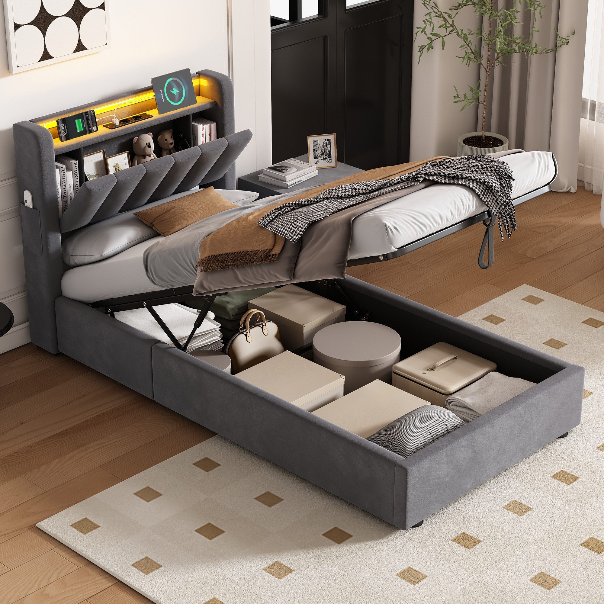 OKWISH Polsterbett mit Hydraulik, LED-Beleuchtung, Steckdosen und USB-Ladeanschlüssen (Funktionsbett, 1-tlg., 90x200 cm, Samt,ohne Matratze), Kopfteil mit Einlegeböden und Stauraum
