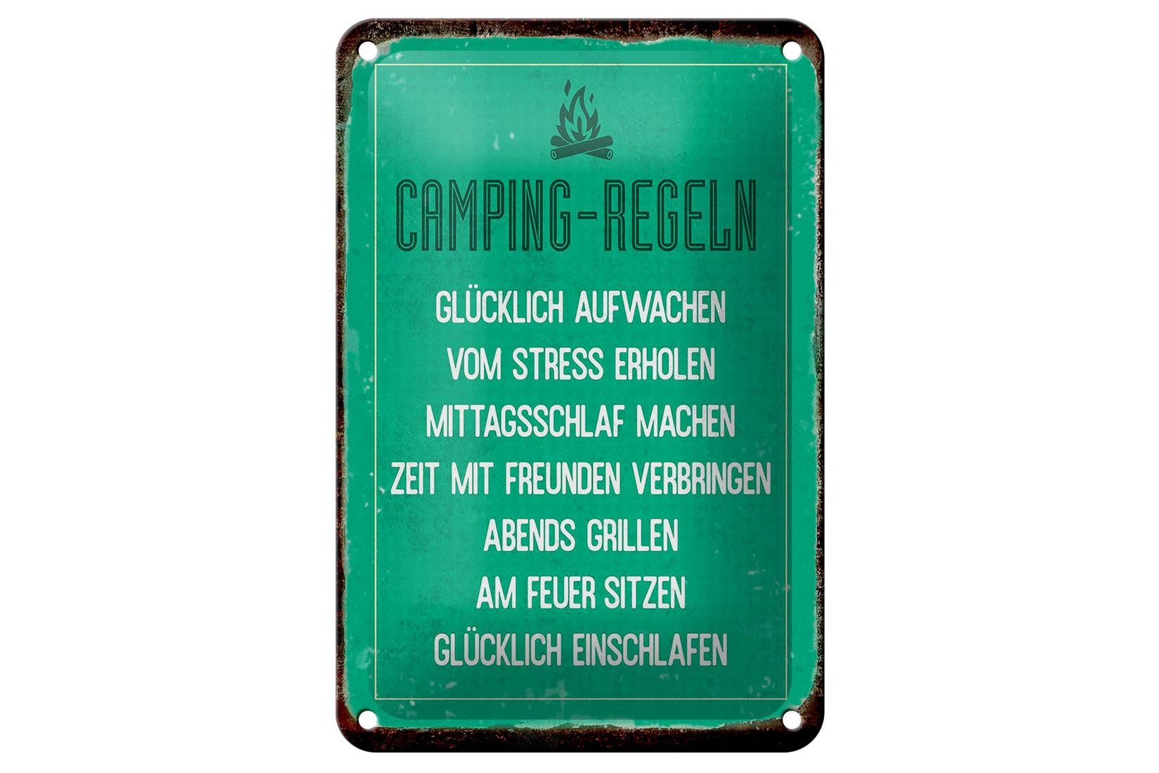 Femer GmbH Metallschild Retro 12x18cm Camping Regeln, (1 St), gewölbte Oberfläche, abgerundete Ecken, umgeschlagene Kanten
