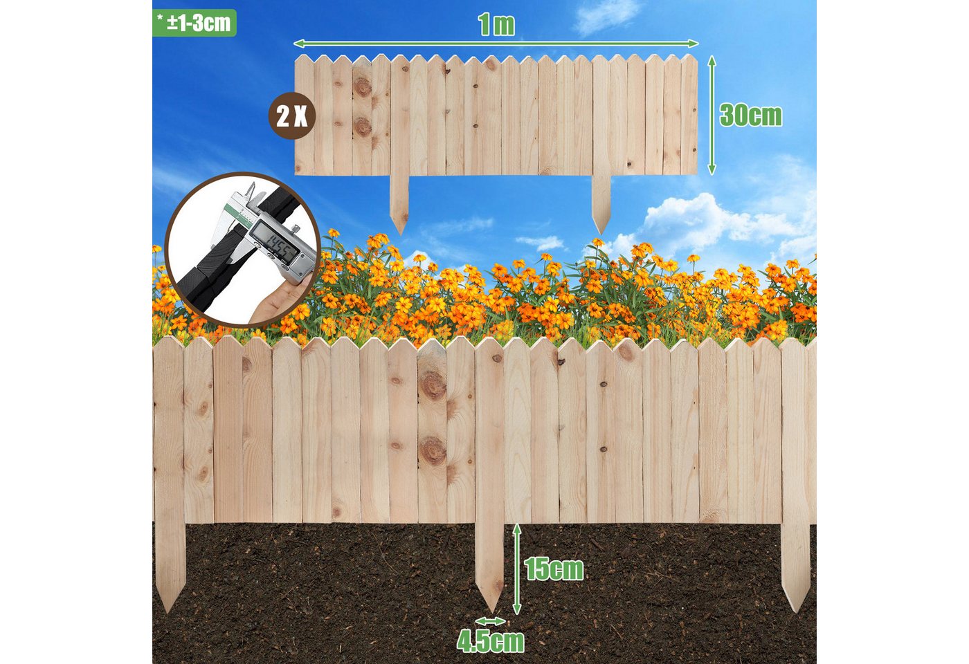 Thumbnail - Clanmacy Beetumrandung Rasenkante Kiefernholz Holzzaun 200*30*1.5cm Gartenzaun Holz Dekozaun