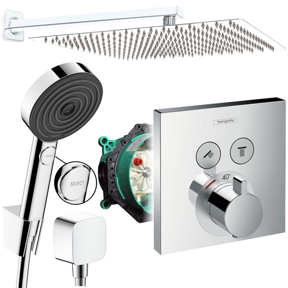 Hansgrohe und Jowi Duscharmatur ShowerSelect Thermostat, Unterputz Duschsystem mit Kopfbrause, Pulsify (Unterputz-Duschsystem) Thermostat und Handbrause mit Select-Taste, Edelstahl Kopfbrause