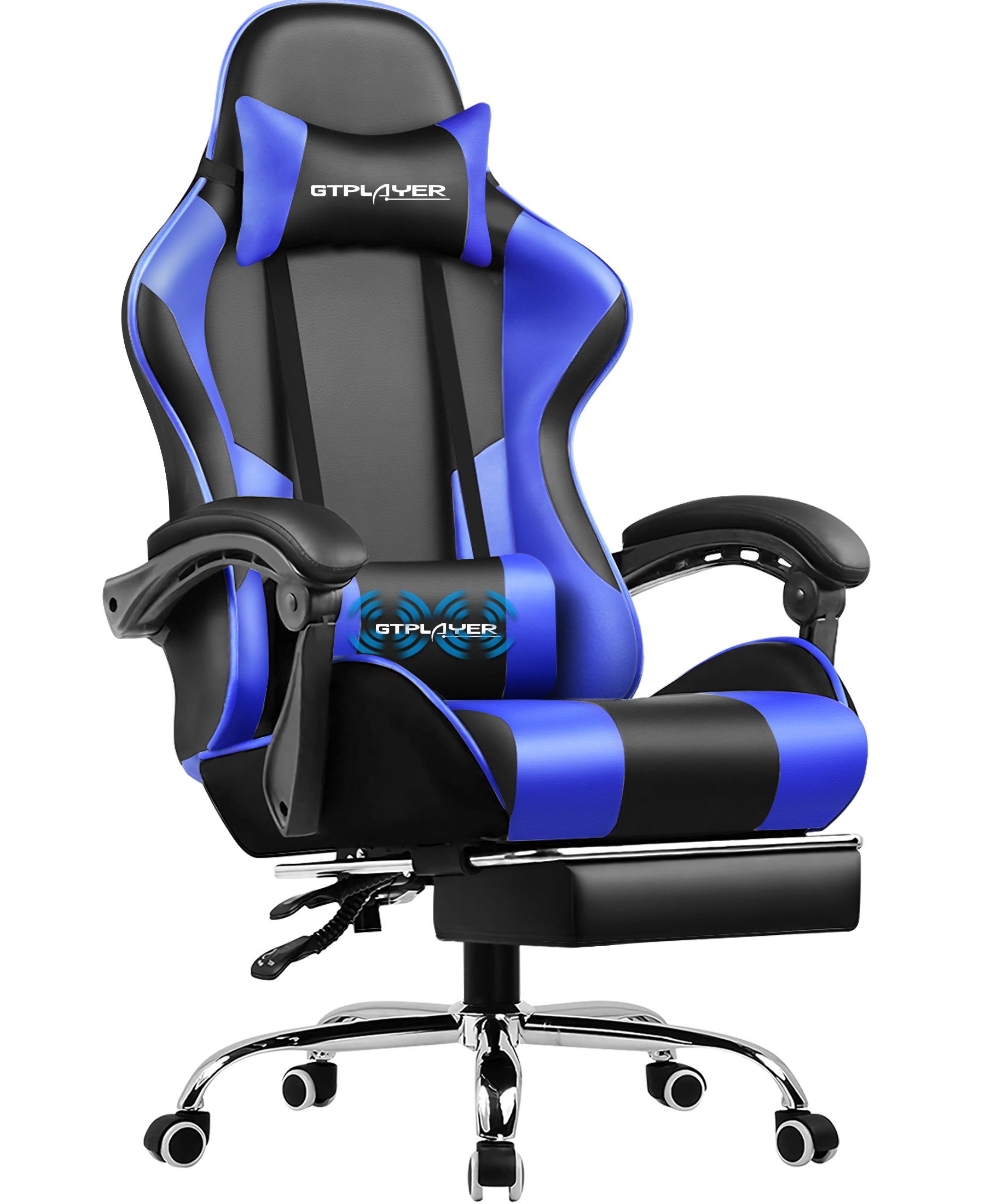 GTPLAYER Gaming-Stuhl Bürostuhl mit Massagefunktion, Fußstütze, Kopfstütze (Packung), Ergonomischer Gamer Stuhl, Maximale Belastung 150 kg, 360° drehbar