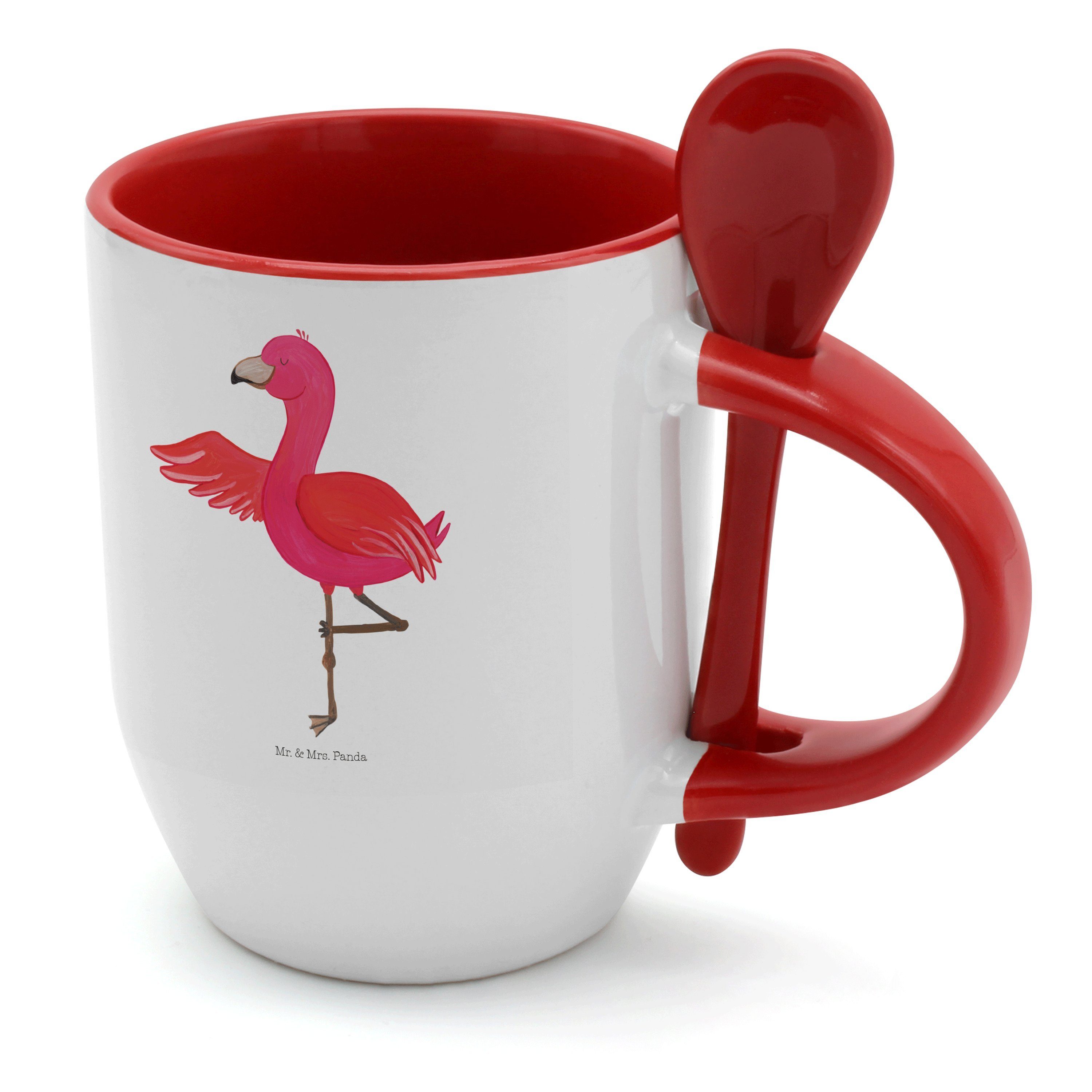 Mr. & Mrs. Panda Tasse Flamingo Yoga - Weiß - Geschenk, Tasse mit Löffel, Achtsamkeit, Rosa, Keramik