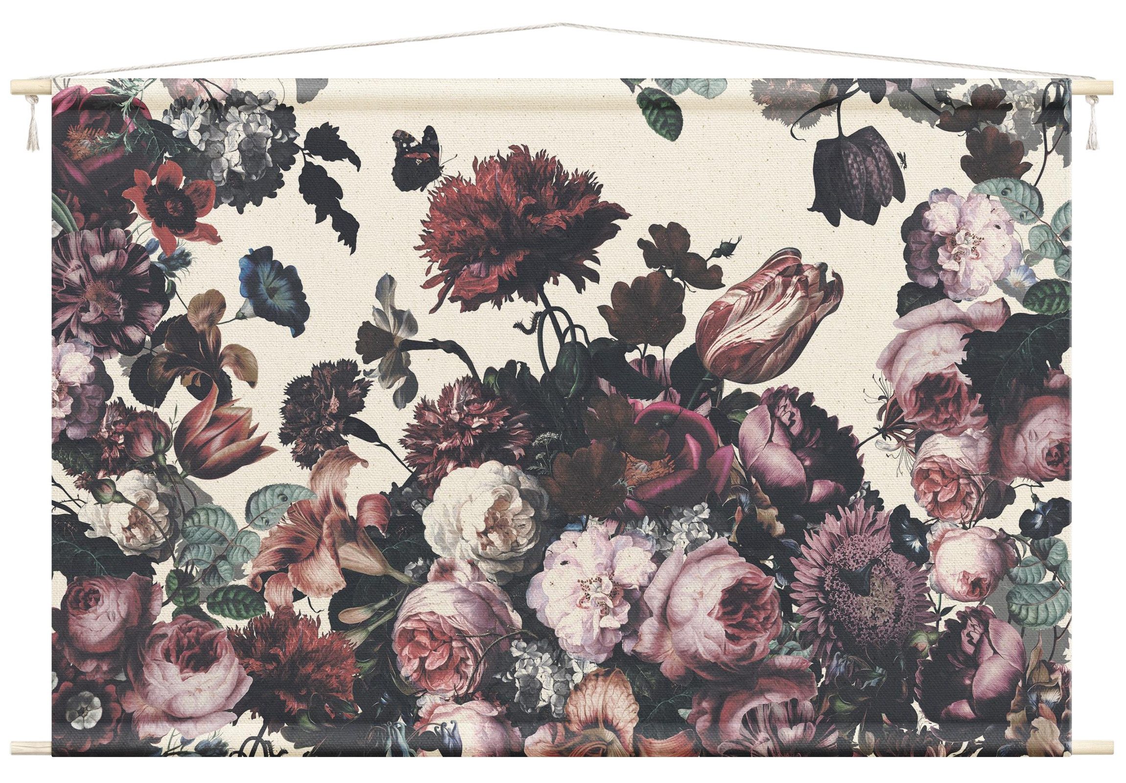 Bilderdepot24 Wandteppich modern Blumen Rosen Tiere Schmetterlinge Vintage rosa, rechteckig, Höhe: 2.6 mm, großes Wandbild aus Natur-Baumwolle Wandbehang Stoffbild Tuch Wollseil