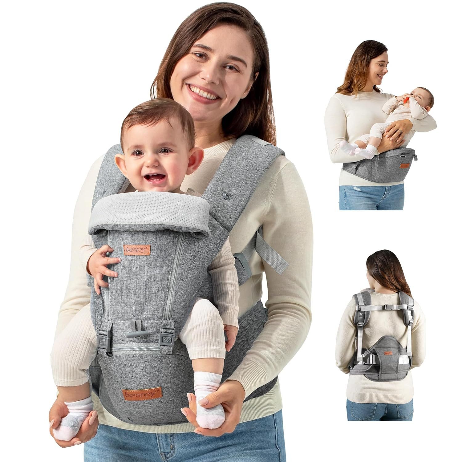 besrey Bauchtrage Babytrage mit Hüftsitz Bauchtragen & Rückentrage, Ergonomisches Babytrage für Babys & Kleinkinder (3,5-20 kg)