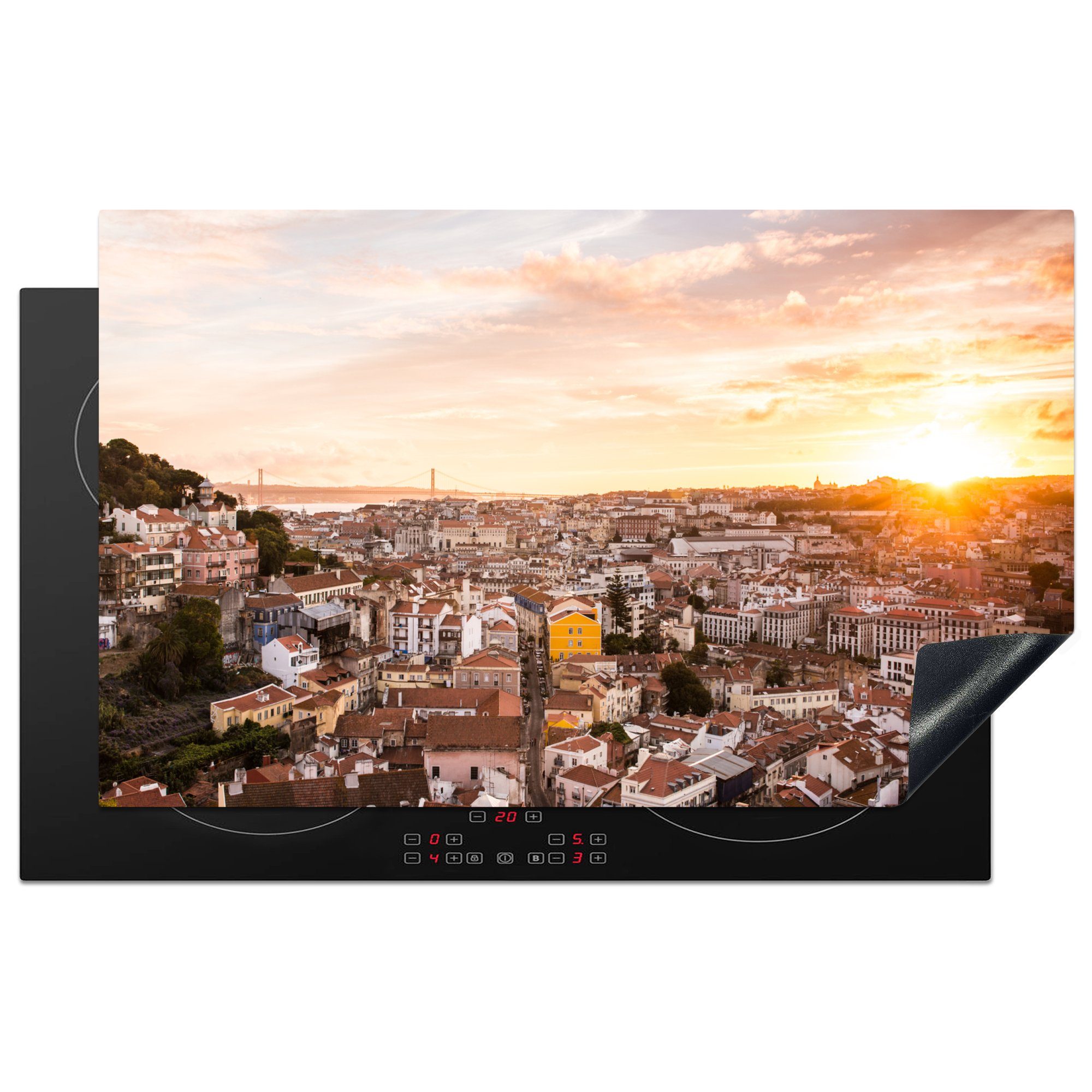 MuchoWow Herdblende-/Abdeckplatte Skyline - Lissabon - Sonnenuntergang, Vinyl, (1 tlg), 83x51 cm, Ceranfeldabdeckung, Arbeitsplatte für küche | Herdabdeckplatten
