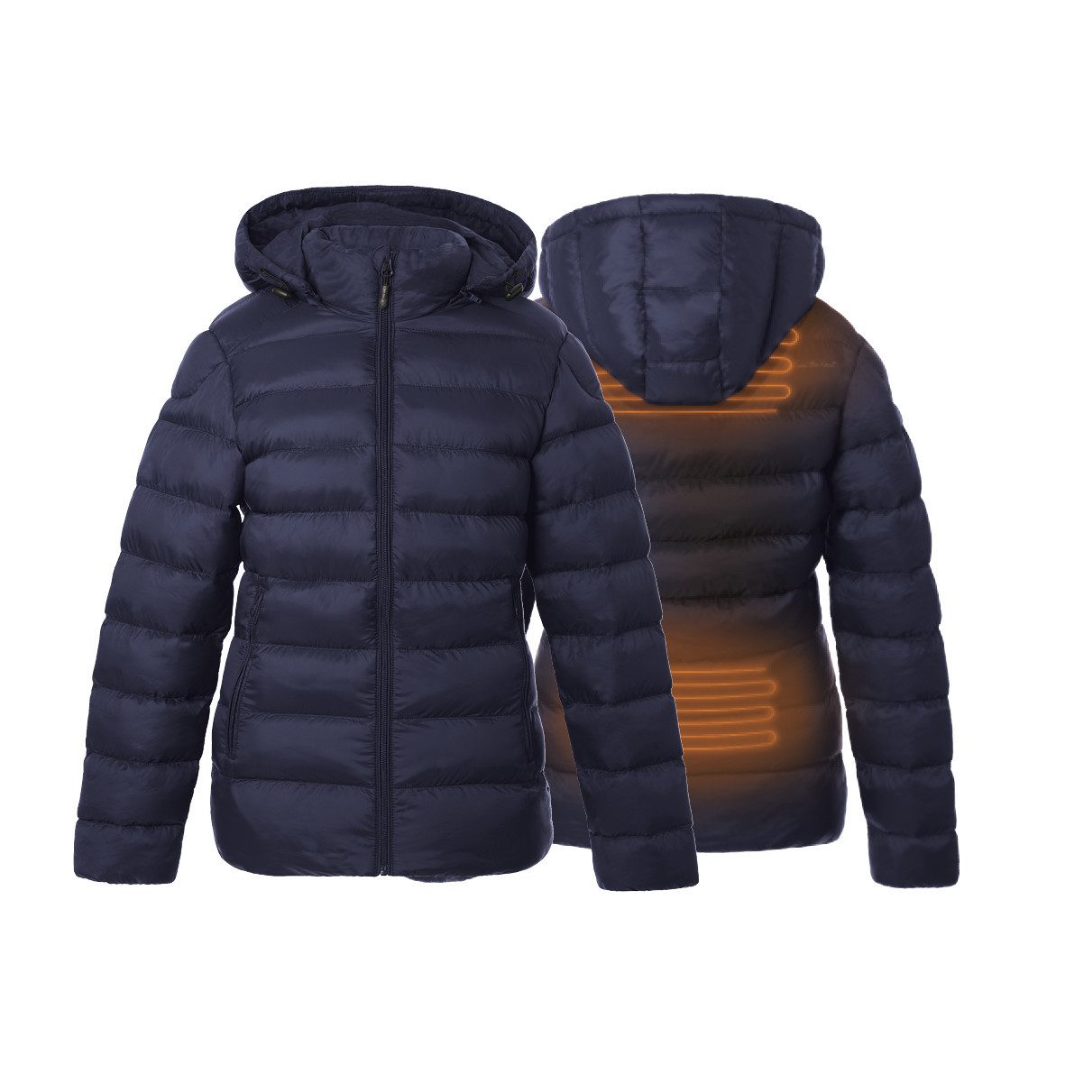 30seven Steppjacke beheizte Steppjacke mit verstellbarer Kapuze - Marineblau 5V Set inkl. 2 Powerbanks & Ladegerät