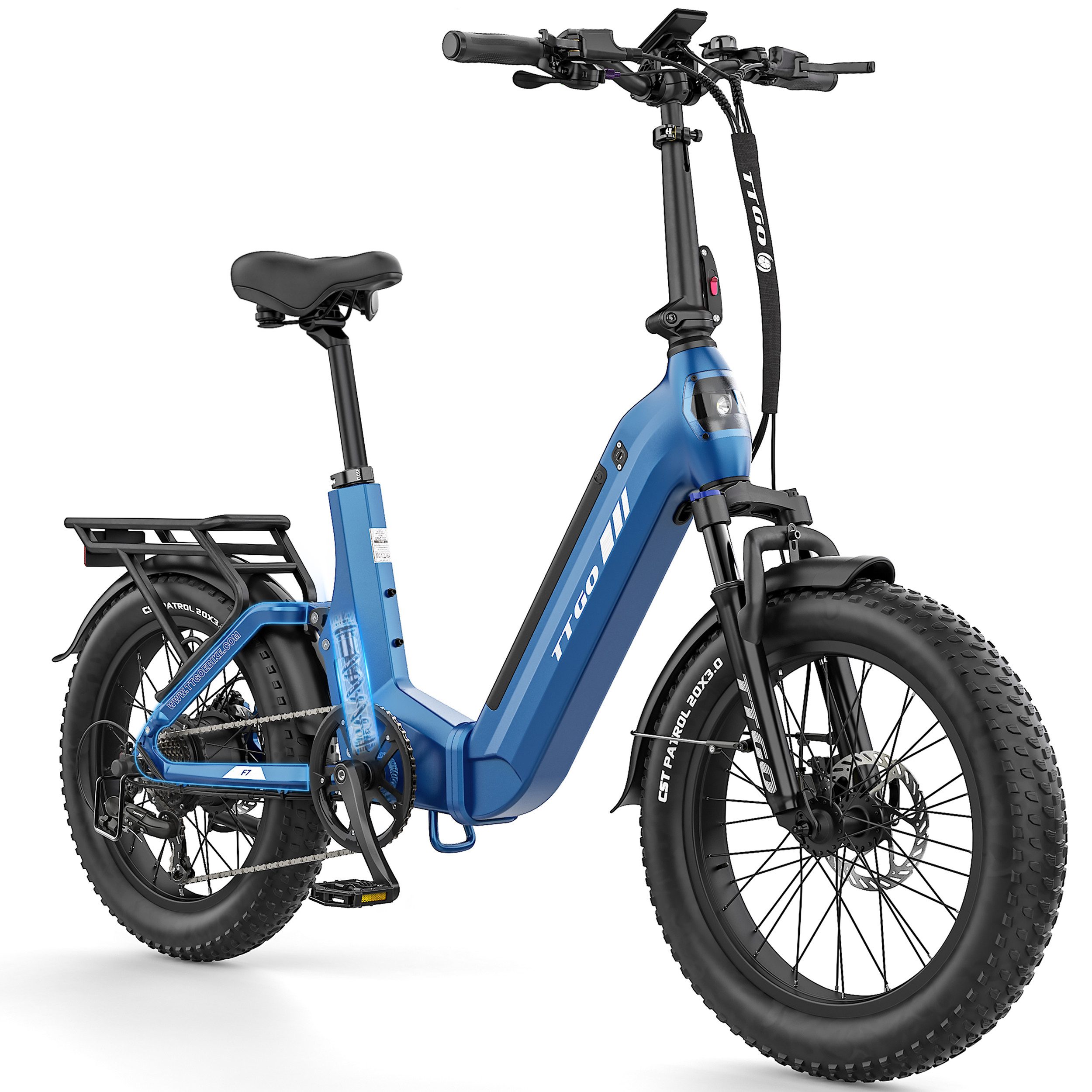 TTGO E-Bike Klapprad 20 Zoll, Fully, Vollfederung, 70Nm Hinterradmotor, 120km, max.150kg, 7 Gang SHIMANO, Kettenschaltung, Heckmotor, 720 Wh, (Softtail, hydr. Scheibenbremse, mit Bremslicht), F7, Drehmomentsensor, Lockout-Federgabel, Elektrofahrrad, Damen Herren