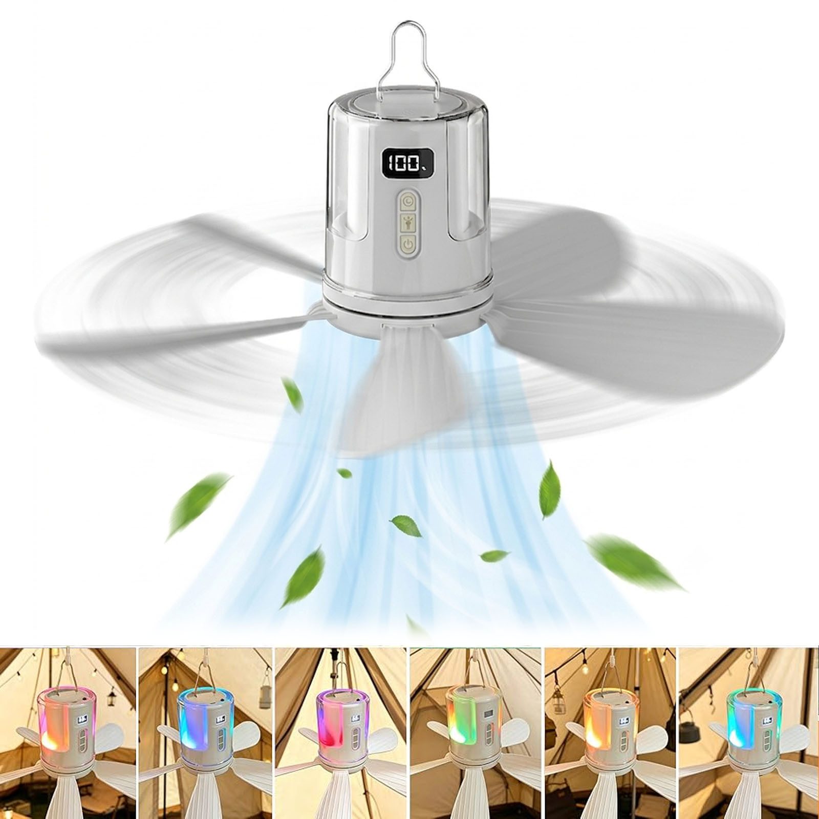 VIVIHEYDAY Deckenventilator Akku mit Beleuchtung Camping, Aufladbar Deckenventilator mit Licht, USB,Timer,Mobiler Ventilator Akku für Außenbereich, Pavillon Terrasse