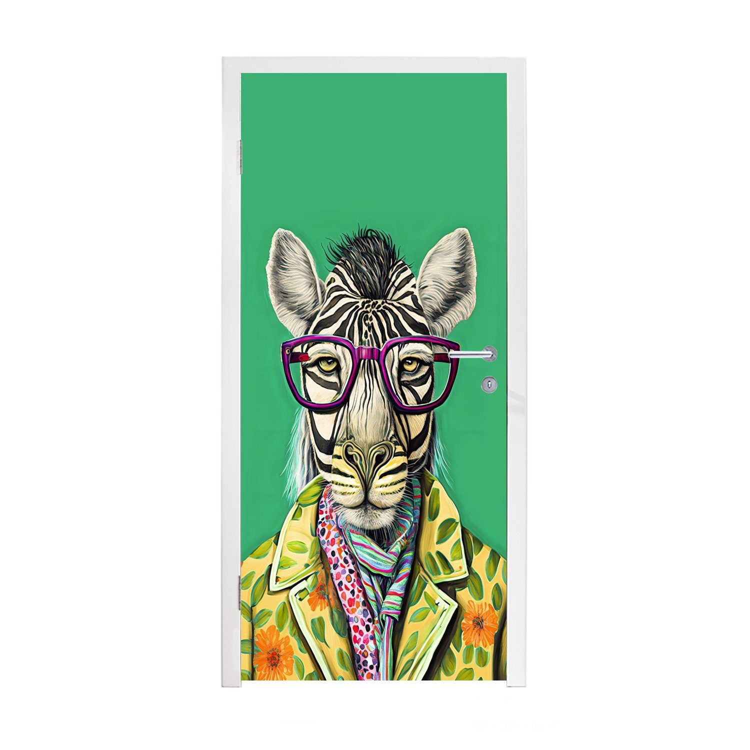 MuchoWow Türtapete Zebra - Brille - Hippie - Tiere, Matt, bedruckt, (1 St), Fototapete für Tür, Türaufkleber, 75x205 cm