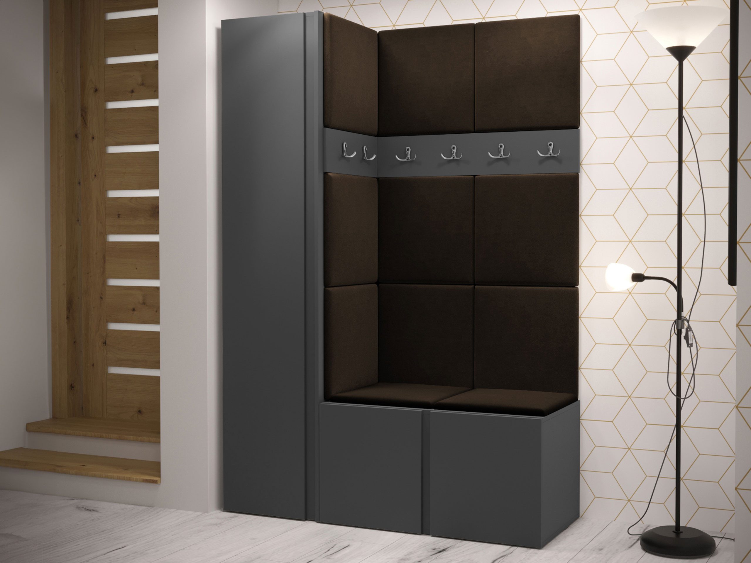 MIRJAN24 Garderoben-Set Orion IX, (Komplett-Set, mit Schuhschrank, Schrank, 2x Kleiderhakenbrett, Paneel 11x 42x42), Auswahl aus Fronten und Polsterplatten