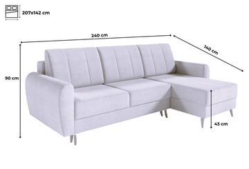 MOEBLO Ecksofa DEILA I, Couch für Wohnzimmer, Schlafsofa Sofagarnitur Sofa Eckcouch L-Form Wohnlandschaft mit 3 Rückenkissen - (BxHxT): 240x90x140 cm, mit Schlaffunktion und Bettkasten