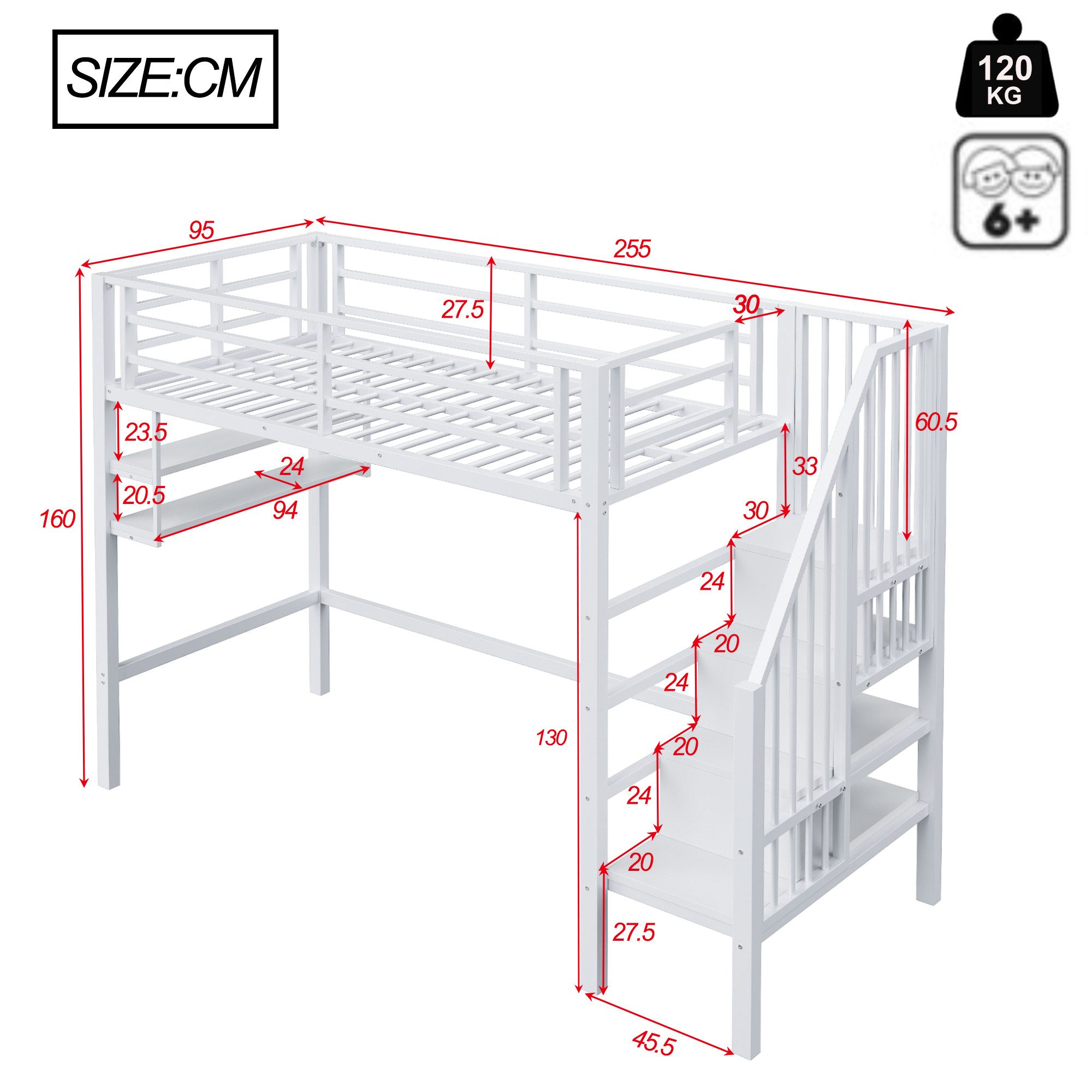 Flieks Hochbett Metallbett 90x200cm mit Einlegeböden und Stauraumtreppe – Bild 5 von 5